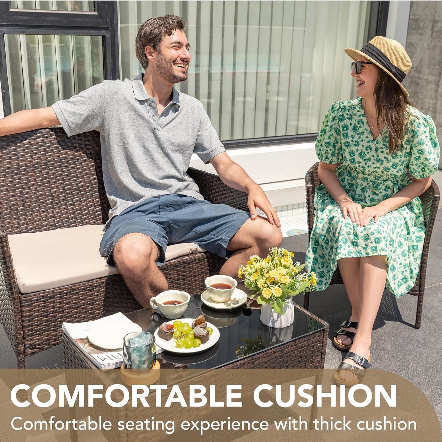 4 Pieces Outdoor Patio Furniture Set, PE Rattan Wicker Chairs Balcony