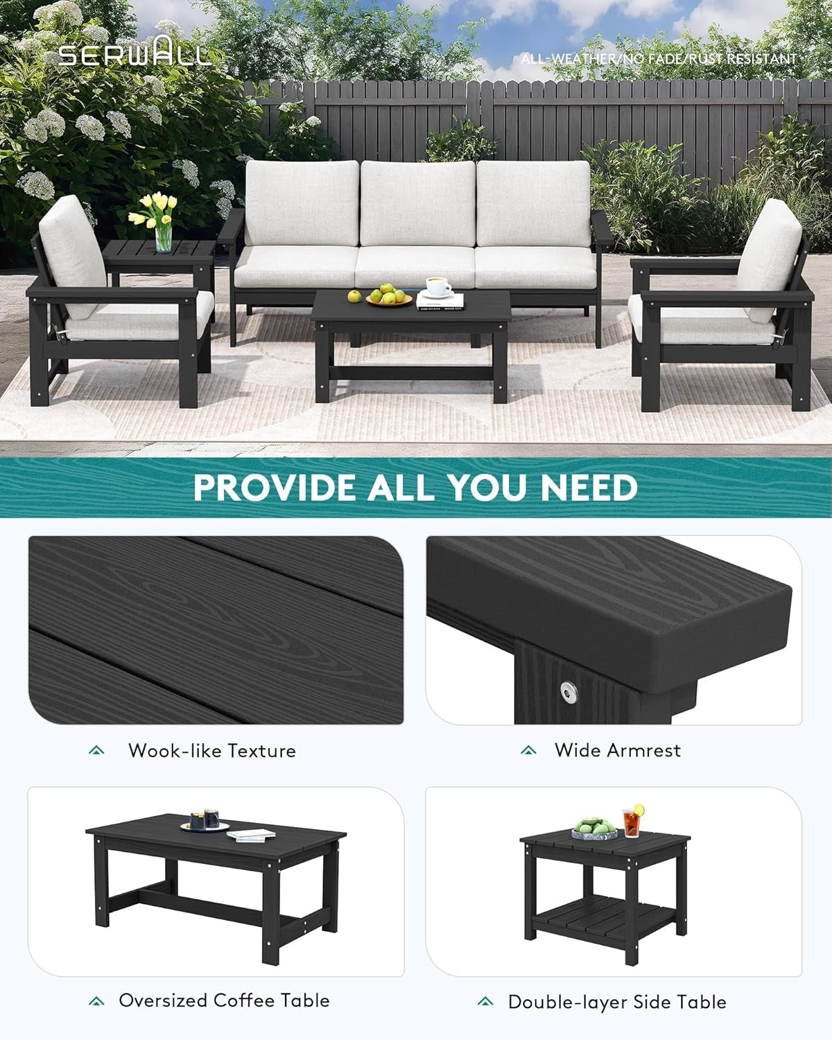 HDPE Outdoor Patio Furniture Set, 7-Piece Outdoor Sectional Patio