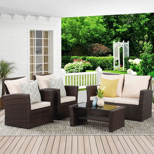 4 Piece Outdoor Patio Furniture Sets, Wicker Conversation Set for