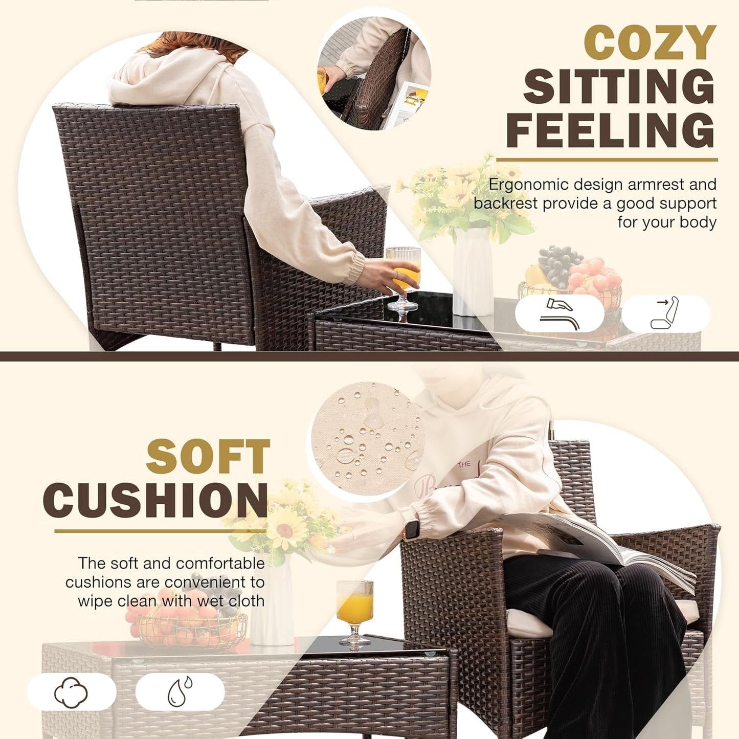 4 Pieces Outdoor Patio Furniture Sets Rattan Chair Wicker Set, Outdoor
