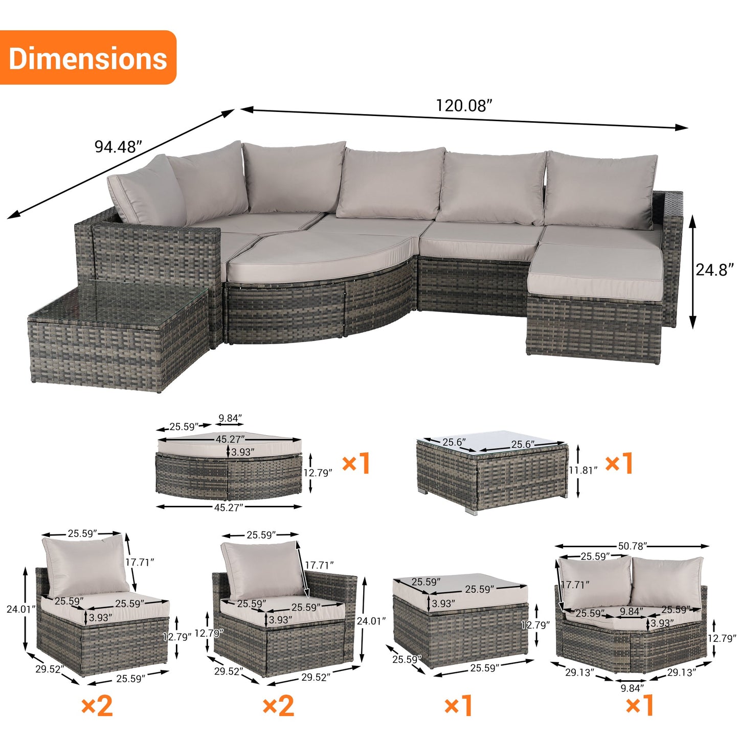 8 Piece Outdoor Patio Sofa Set, Sectional L- Shaped Patio Furniture