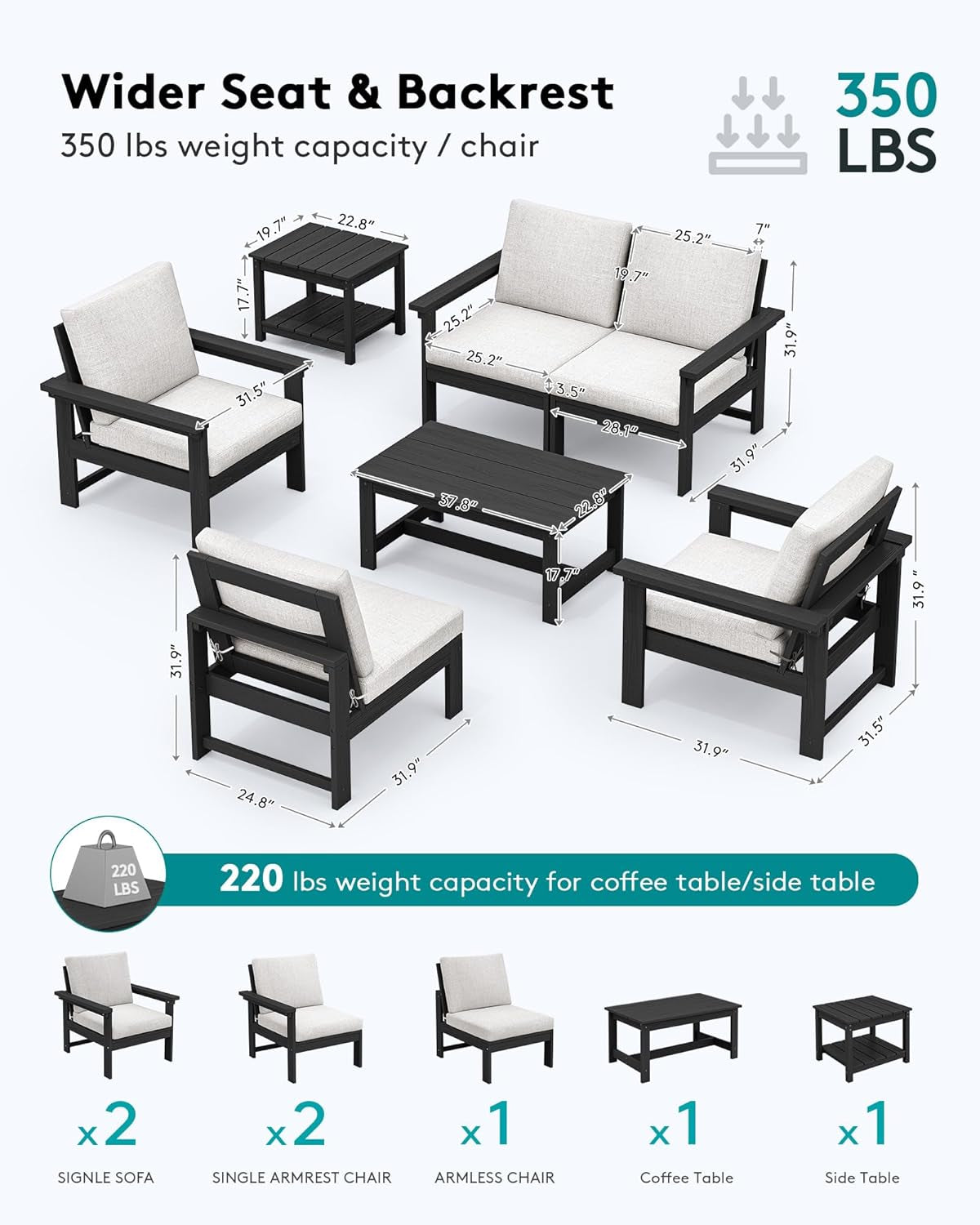 HDPE Outdoor Patio Furniture Set, 7-Piece Outdoor Sectional Patio