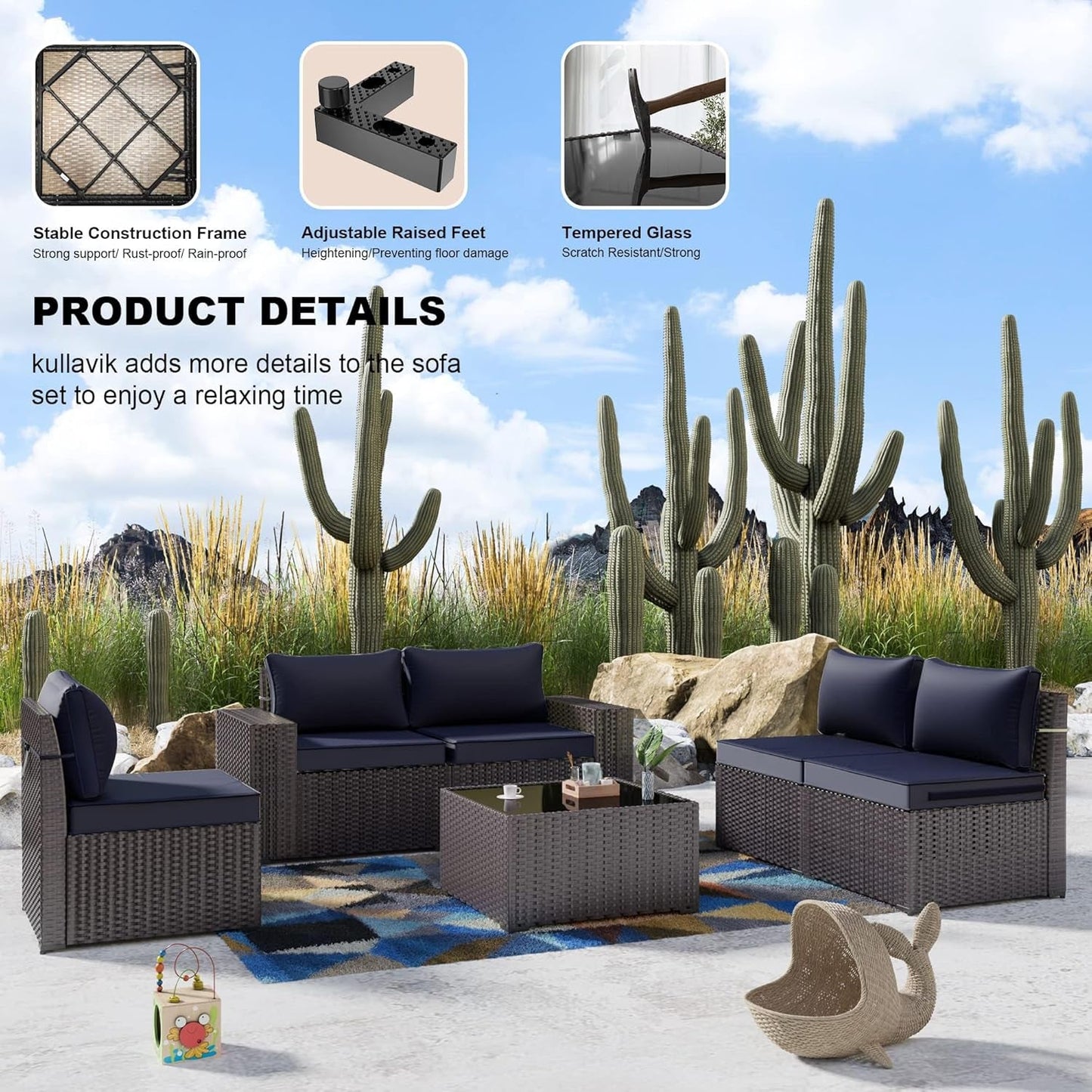 6PCS Outdoor Patio Furniture Set PE Wicker Rattan Sectional Sofa Patio