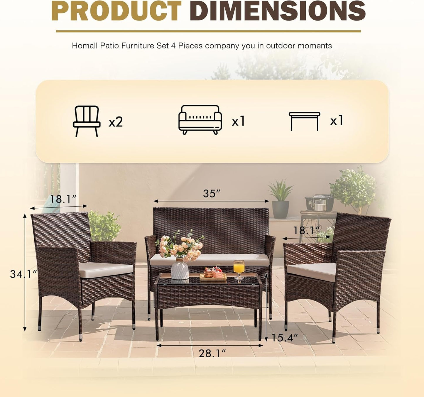 4 Pieces Outdoor Patio Furniture Sets Rattan Chair Wicker Set, Outdoor