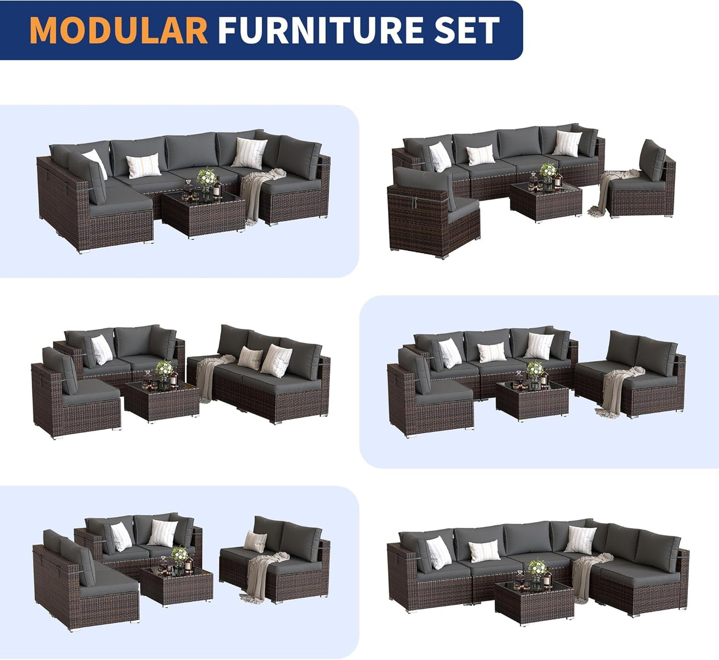 Patio Furniture Set, 7-Piece Outdoor Sectional with Waterproof Cover,