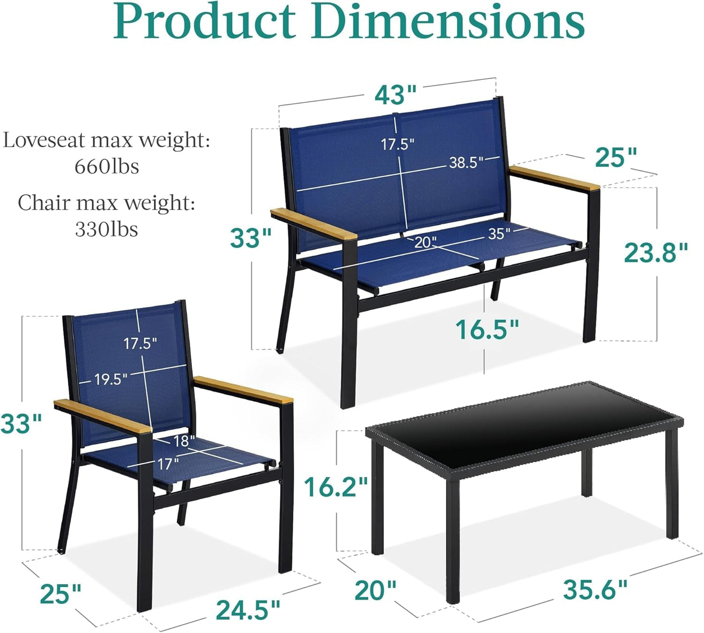 4-Piece Outdoor Textilene Patio Conversation Set, Backyard Furniture
