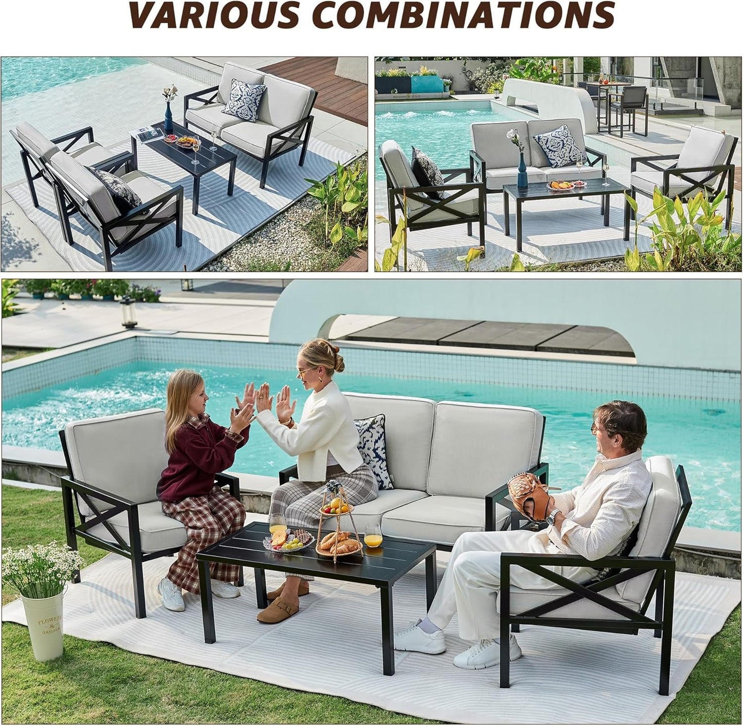 Outdoor Patio Furniture 4 Pieces Set, Modern Patio Conversation Sets,