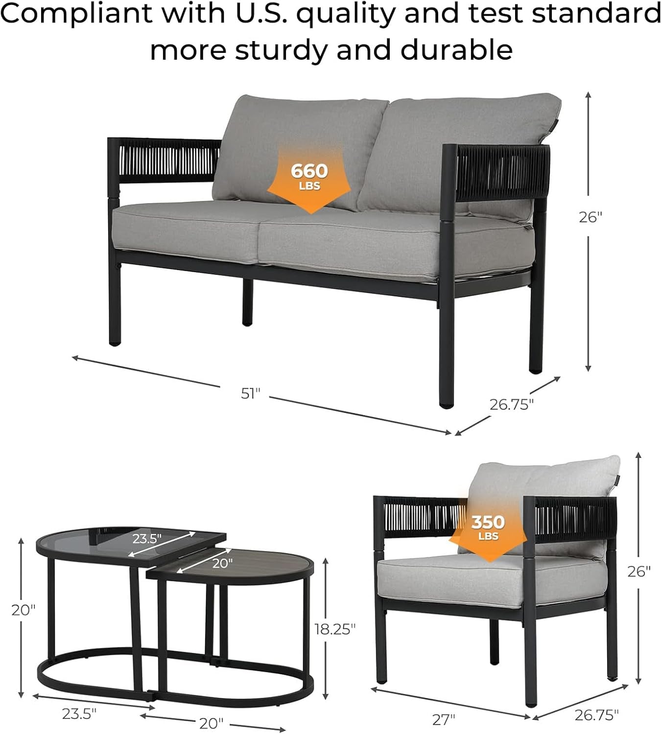 5-Piece Outdoor Furniture Set with Thick Cushions and Coffee Table,