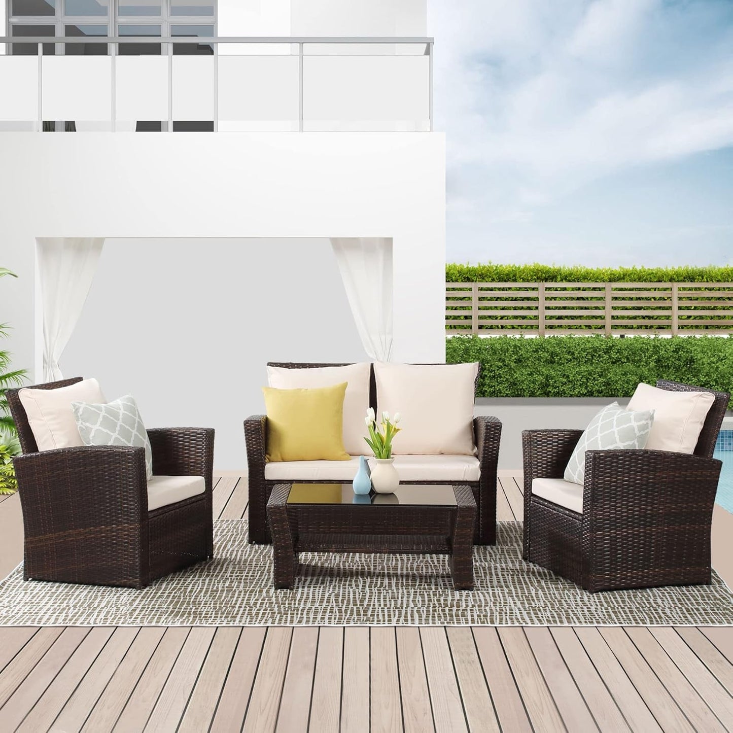 4 Piece Outdoor Patio Furniture Sets, Wicker Conversation Set for