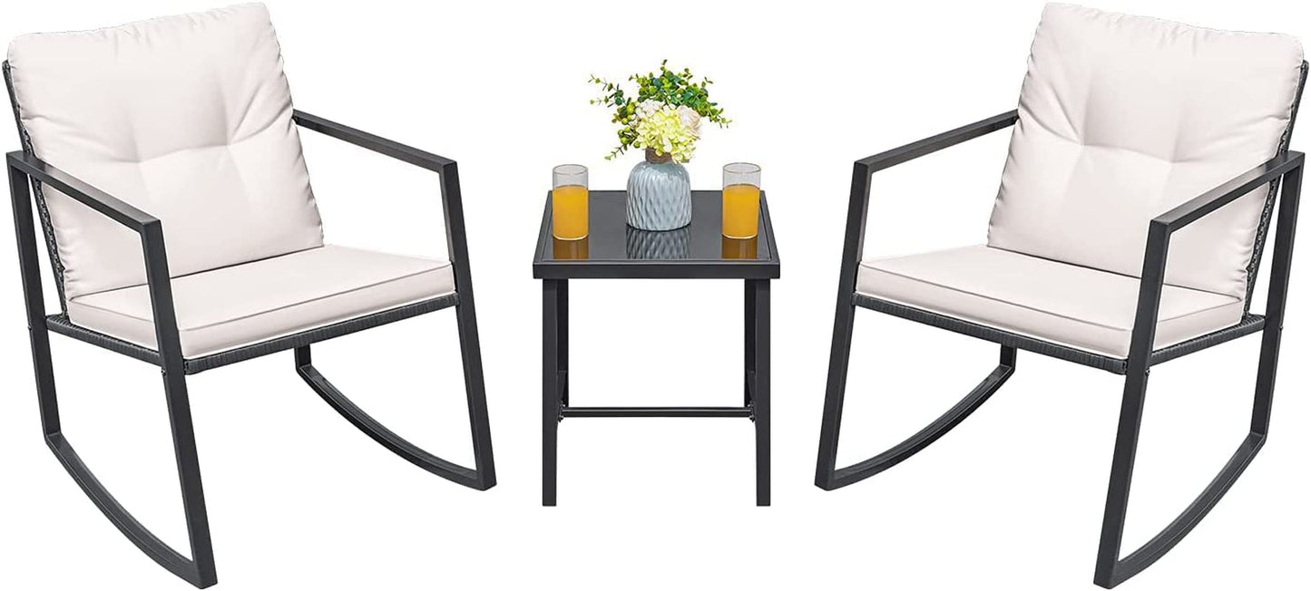 3 Pieces Rocking Wicker Bistro Set, Patio Outdoor Furniture