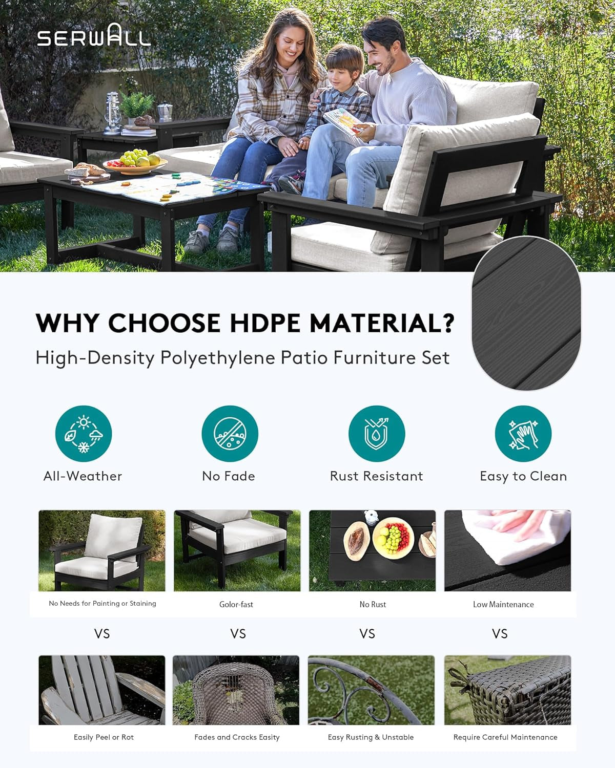 HDPE Outdoor Patio Furniture Set, 7-Piece Outdoor Sectional Patio