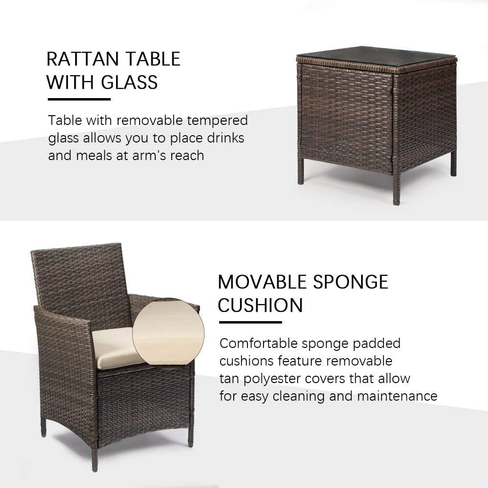 Patio Porch Furniture Sets 3 Pieces PE Rattan Wicker Chairs with Table