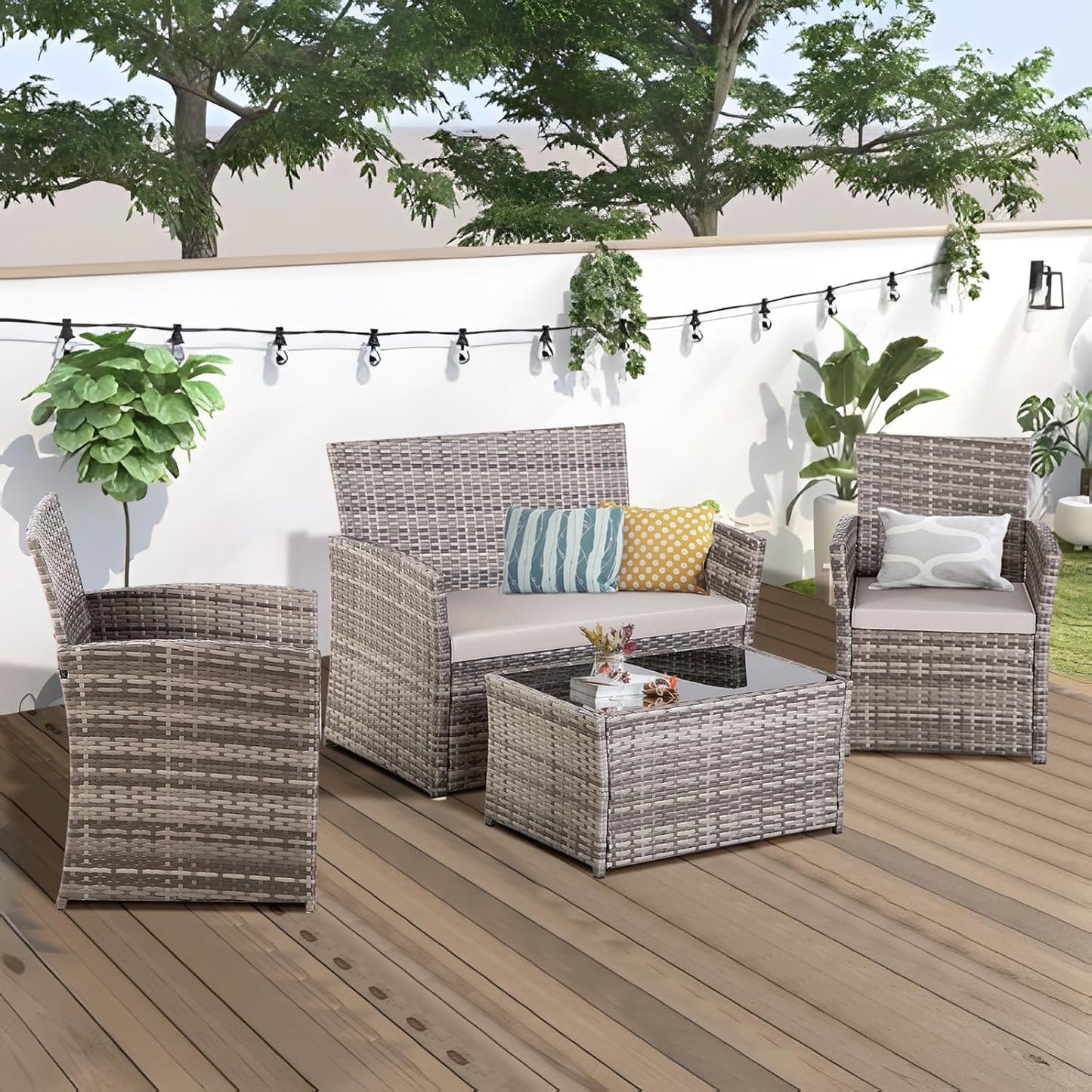 4 Piece Outdoor Patio Furniture Sets, Wicker Sectional Conversation