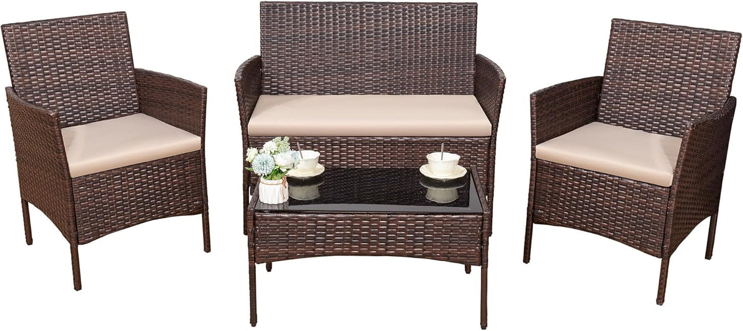 4 Pieces Outdoor Patio Furniture Set, PE Rattan Wicker Chairs Balcony