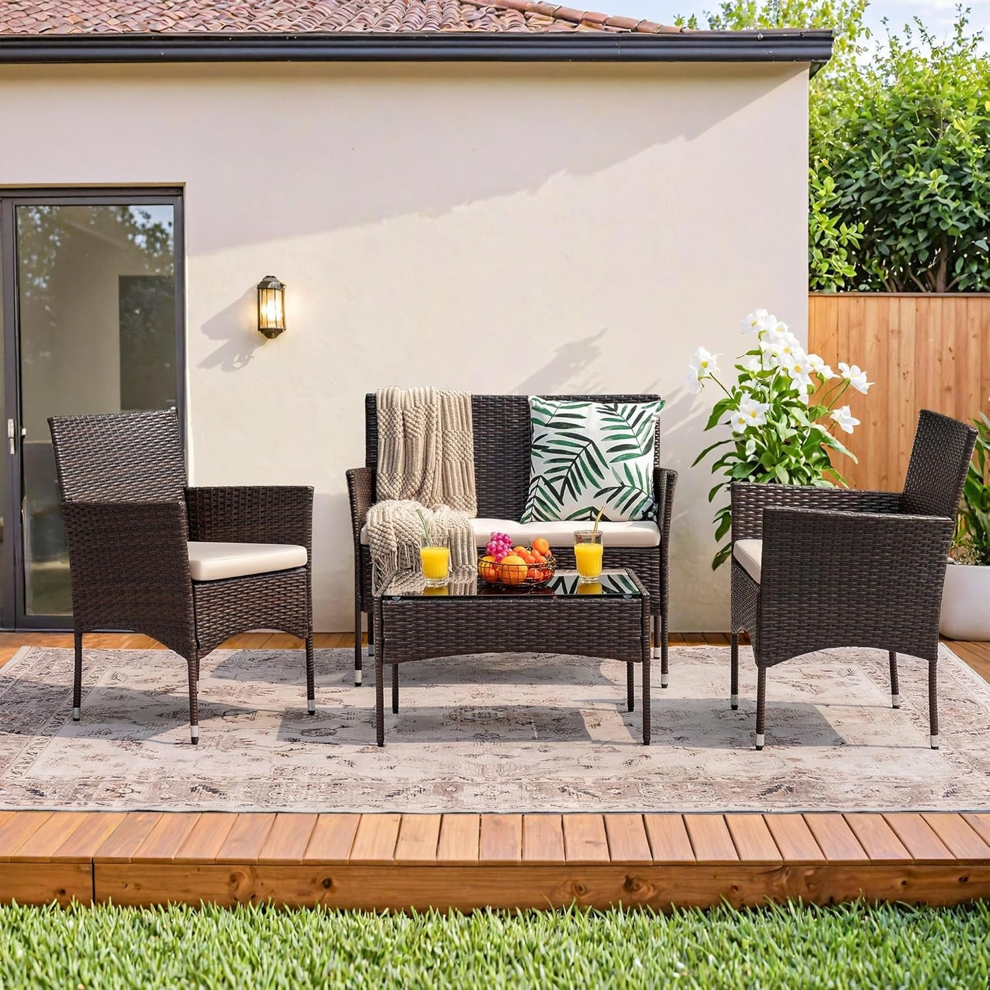4 Pieces Outdoor Patio Furniture Sets Rattan Chair Wicker Set, Outdoor