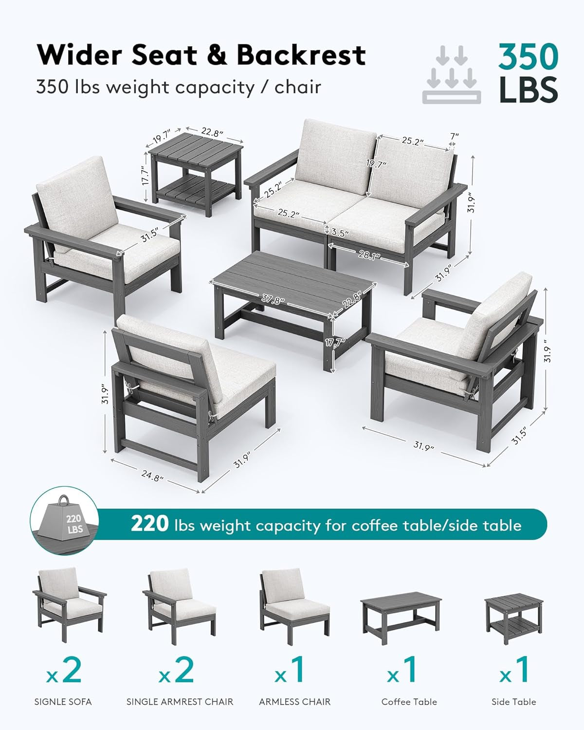 HDPE Outdoor Patio Furniture Set, 7-Piece Outdoor Sectional Patio