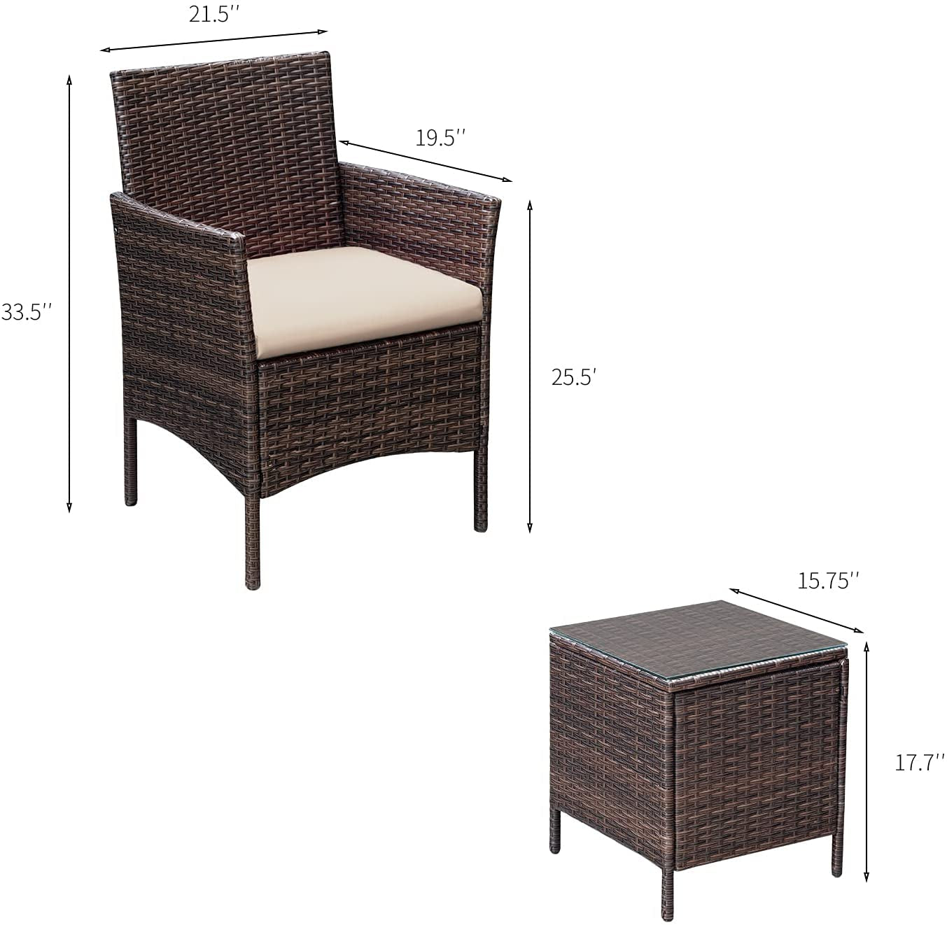 3 Pieces Patio Furniture Sets Outdoor PE Rattan Wicker Chairs with