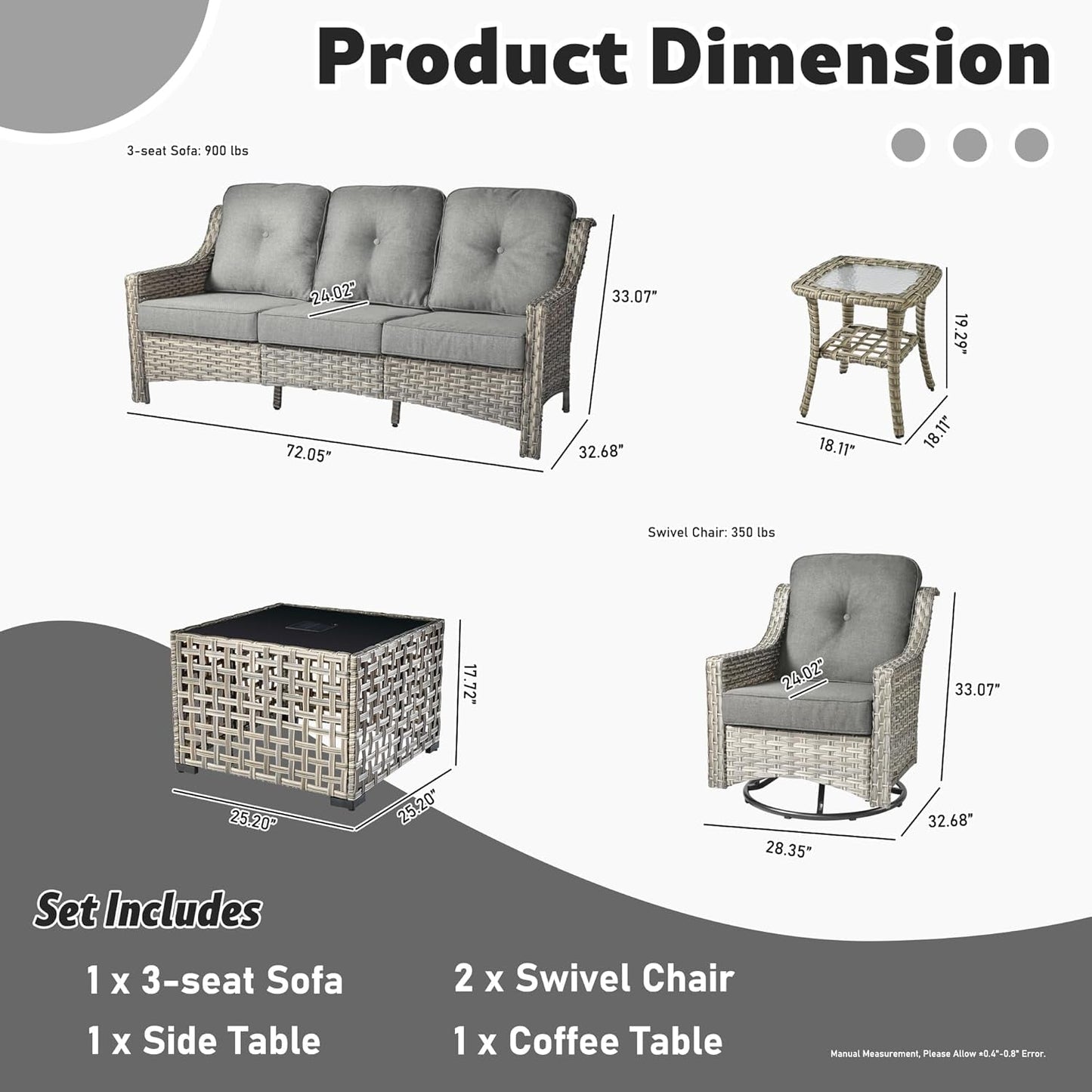 5 Piece Outdoor Patio Furniture with 3 Seat Sofa,Rattan Wicker
