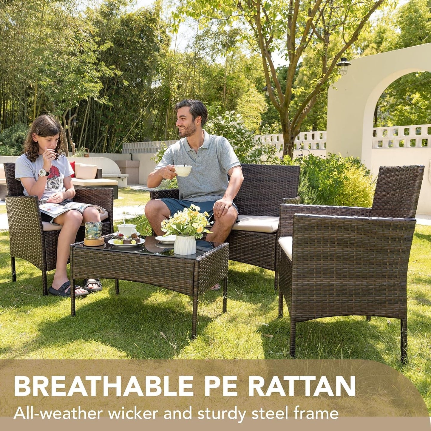 4 Pieces Outdoor Patio Furniture Set, PE Rattan Wicker Chairs Balcony