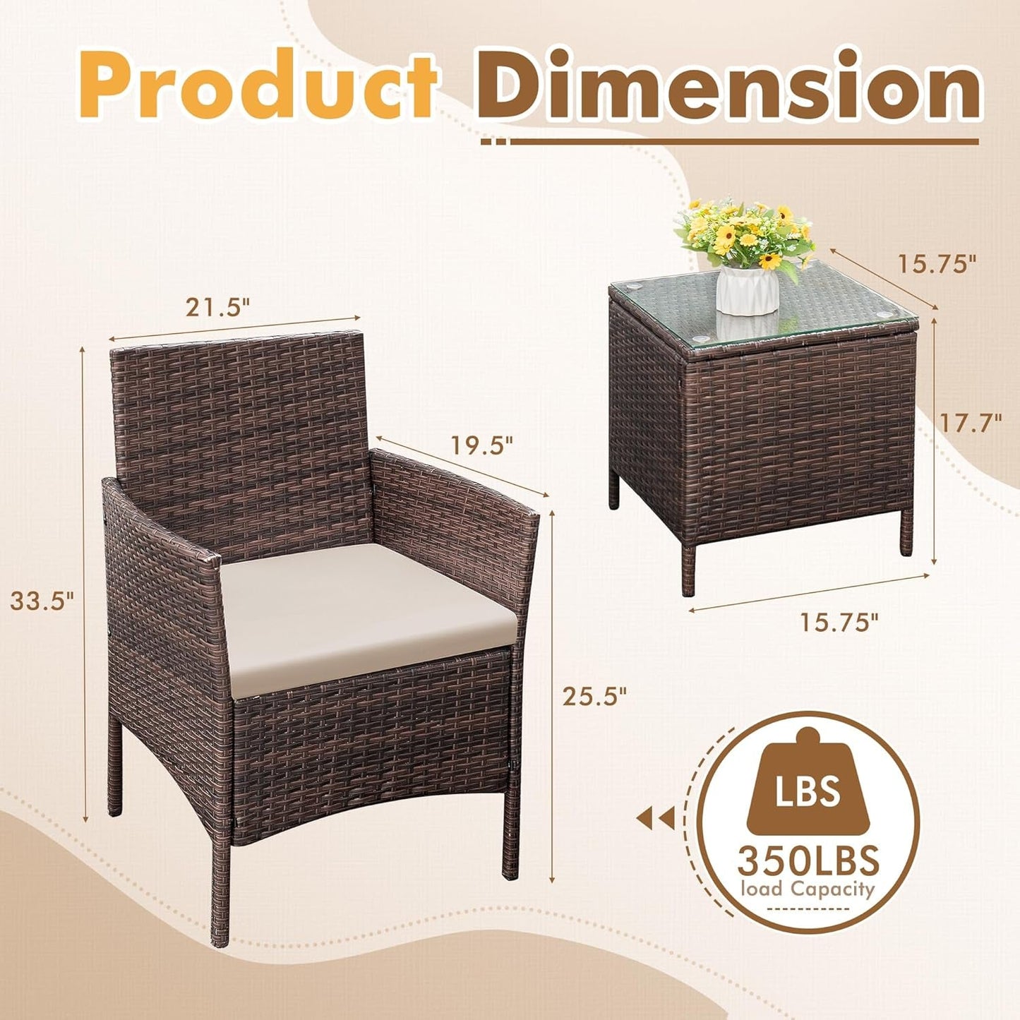 Patio Furniture Set 3 Pieces All-Weather Rattan Outdoor Furniture