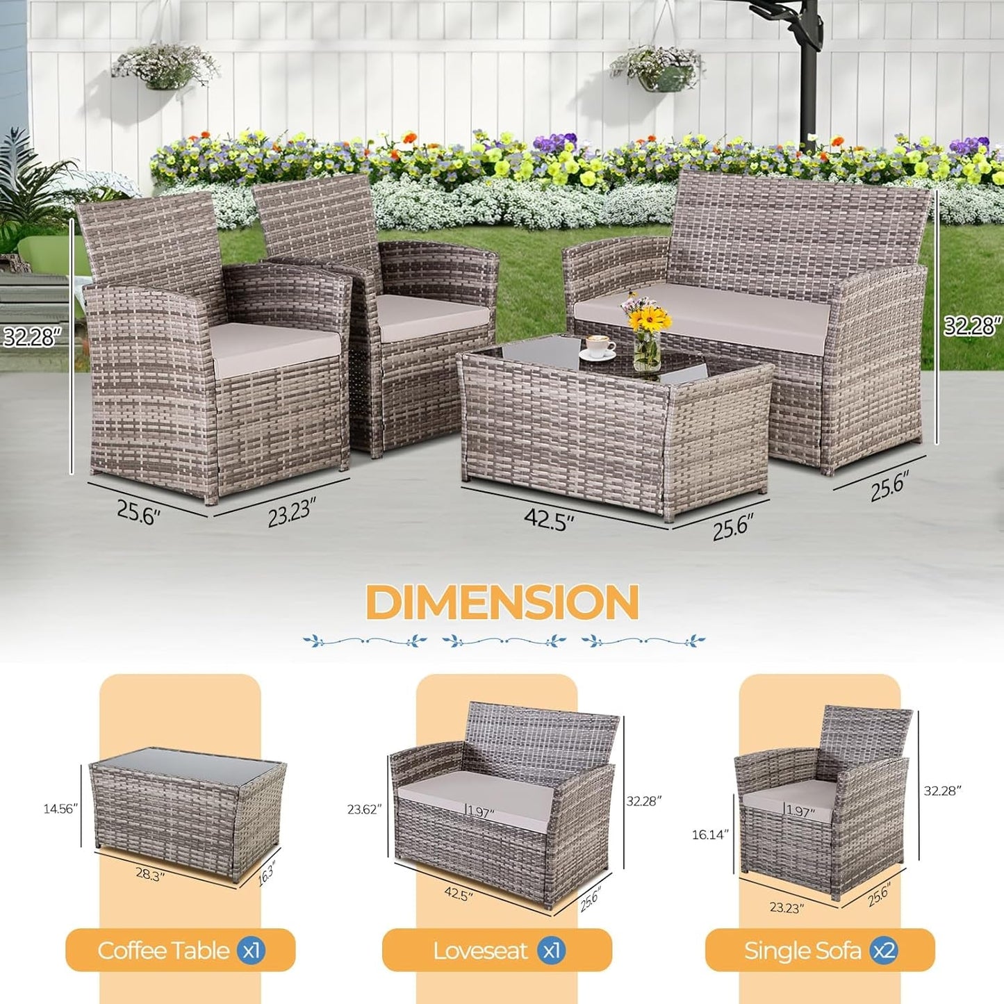 4 Piece Outdoor Patio Furniture Sets, Wicker Sectional Conversation