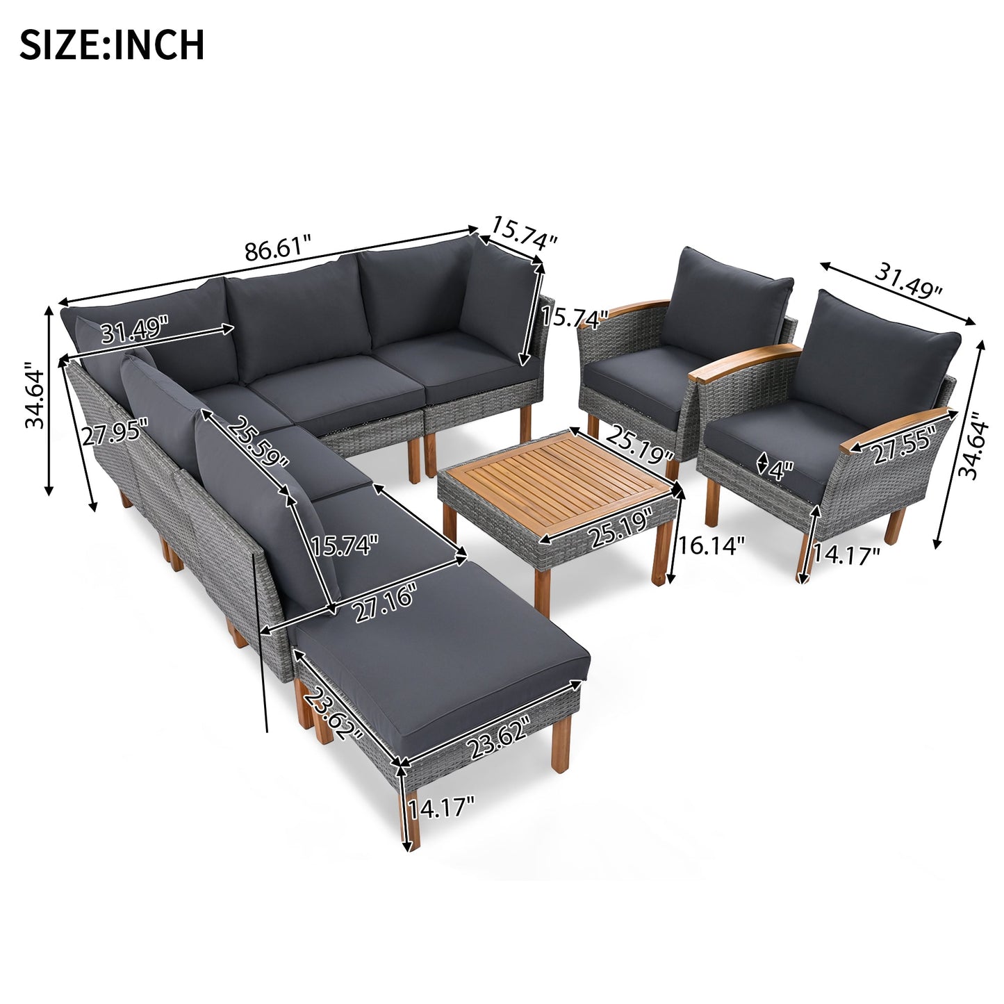 9-Piece Patio Rattan Furniture Set, Outdoor Conversation Set With
