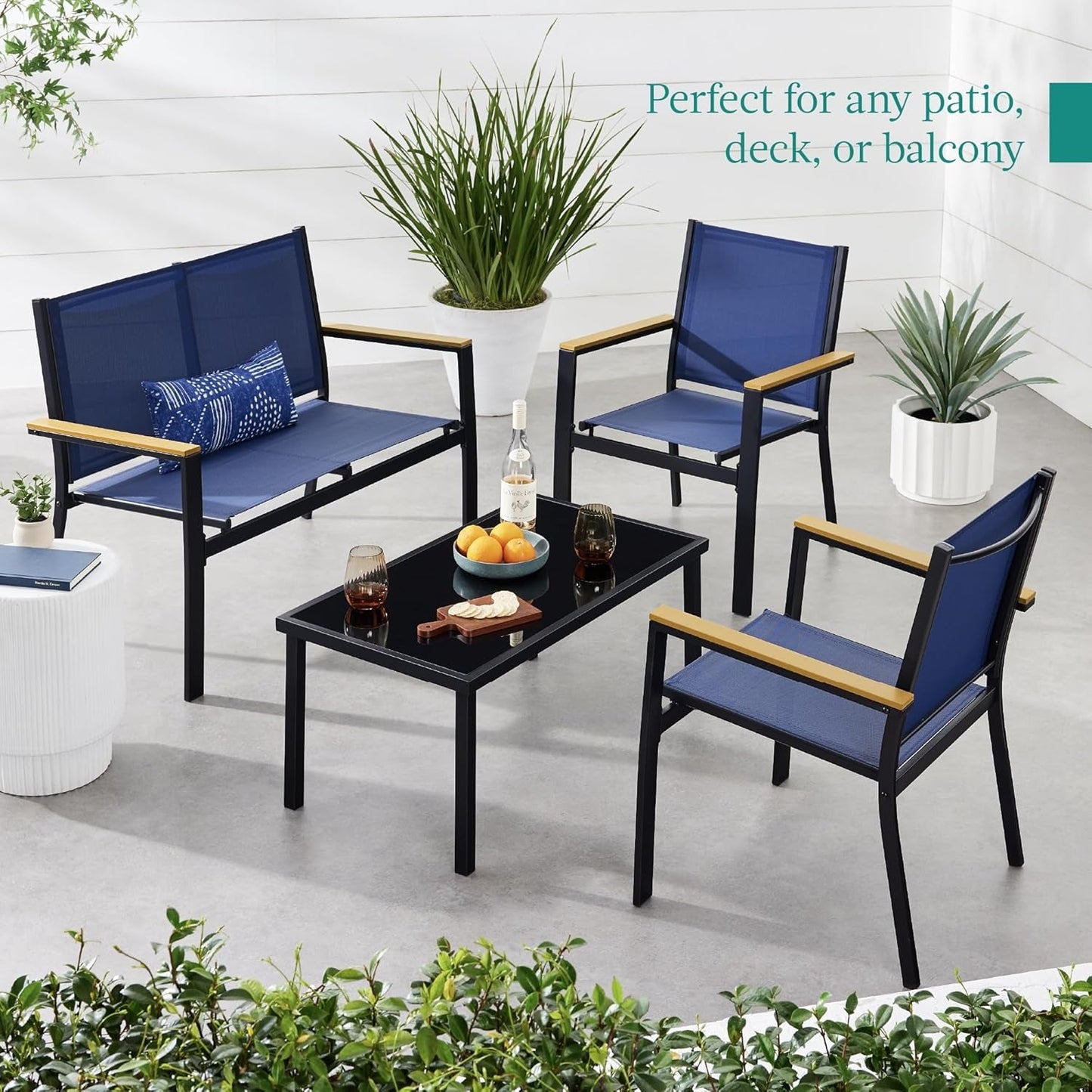 4-Piece Outdoor Textilene Patio Conversation Set, Backyard Furniture
