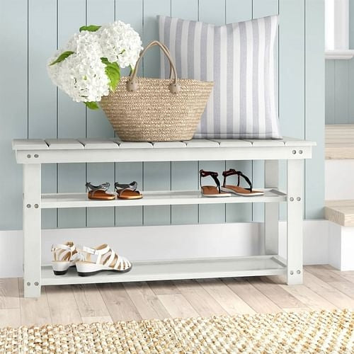 White Slatted Wood 2-Shelf Shoe Rack Storage Bench For Entryway or