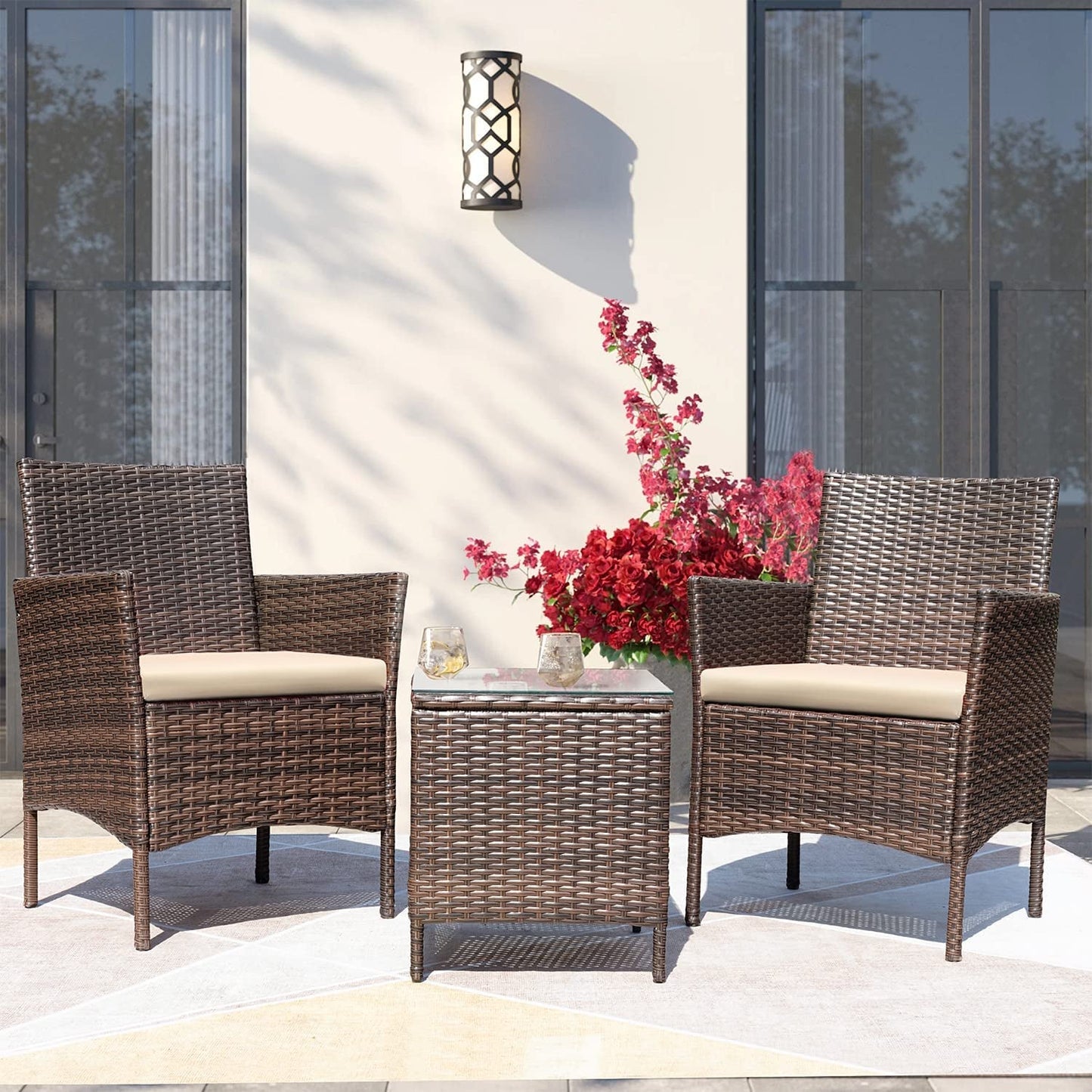 3 Pieces Patio Furniture Sets Outdoor PE Rattan Wicker Chairs with