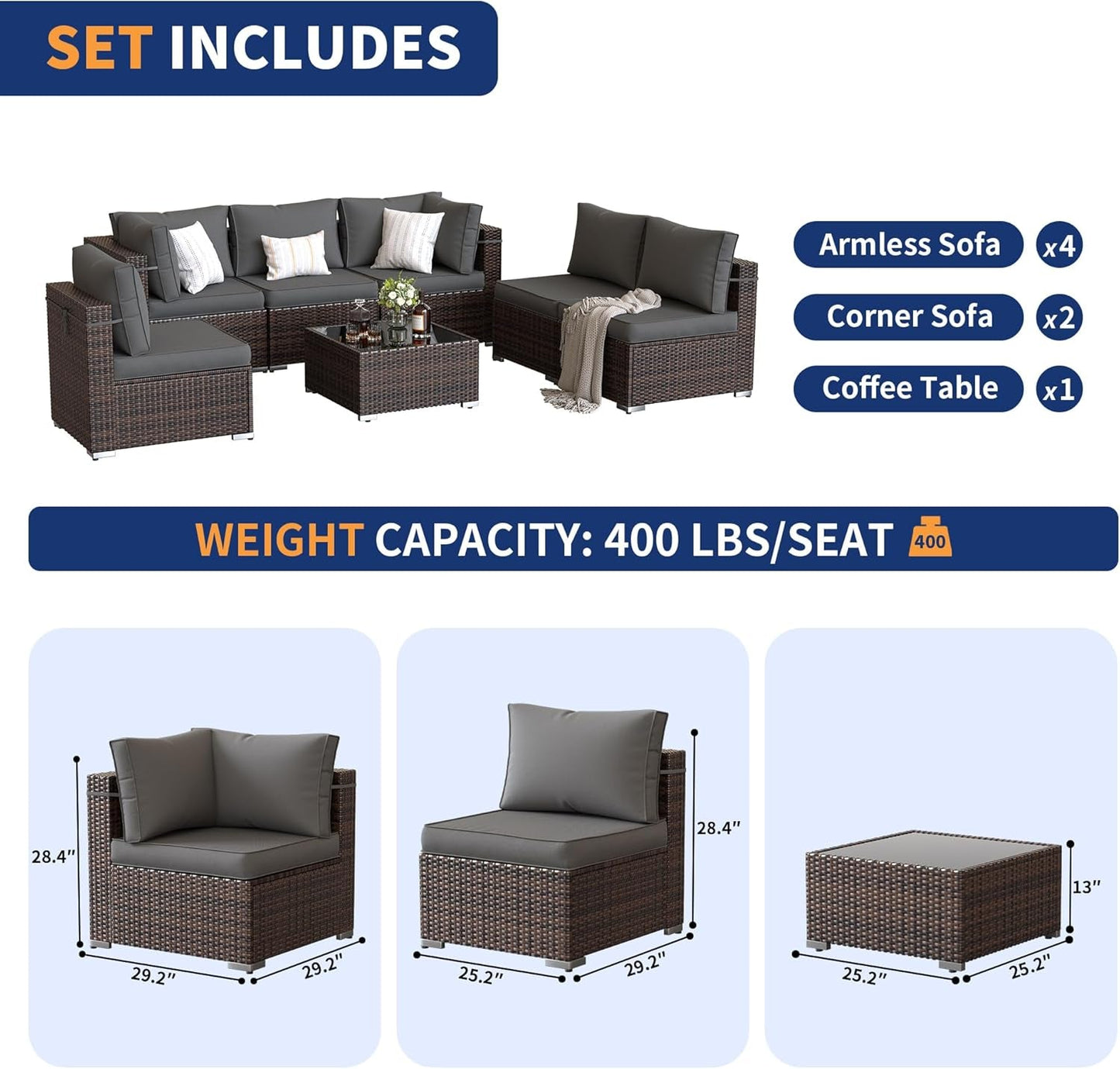 Patio Furniture Set, 7-Piece Outdoor Sectional with Waterproof Cover,