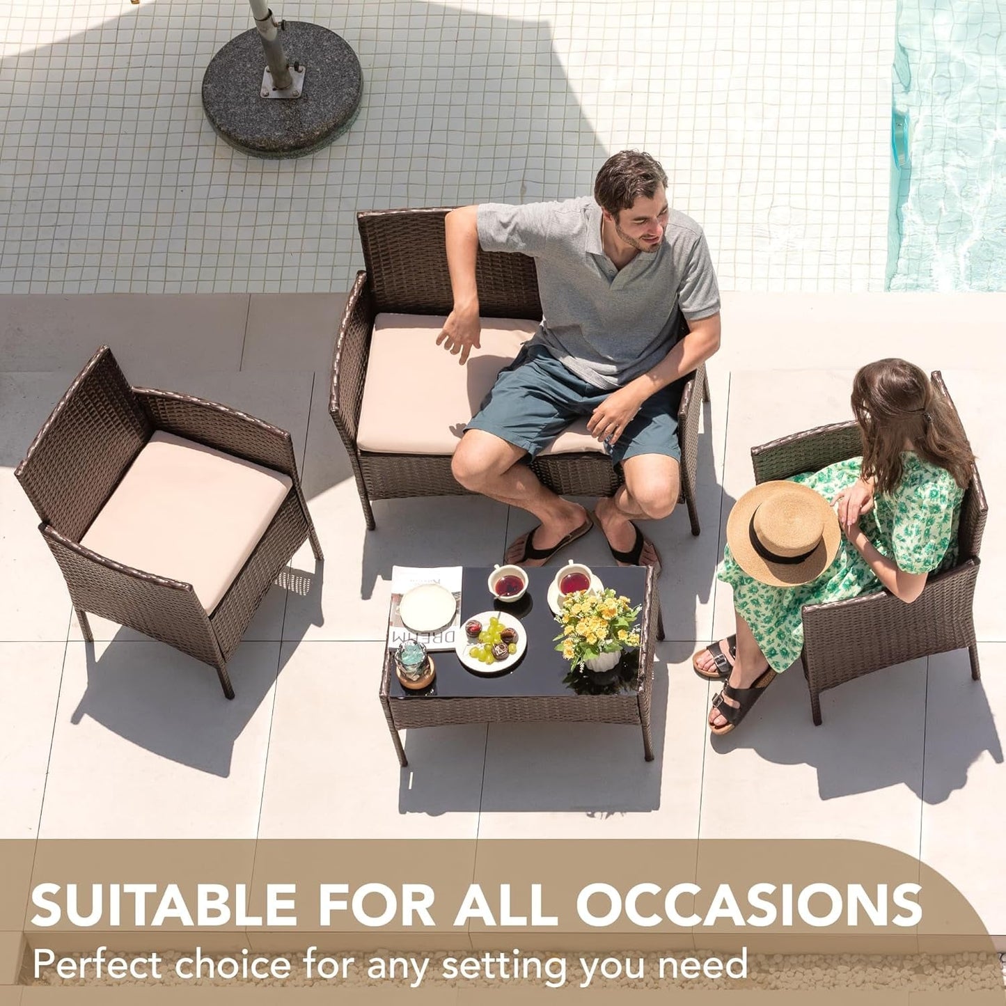 4 Pieces Outdoor Patio Furniture Set, PE Rattan Wicker Chairs Balcony