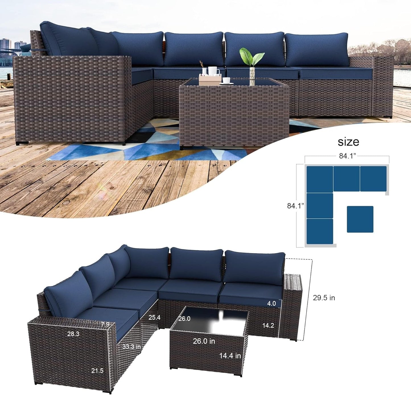 6PCS Outdoor Patio Furniture Set PE Wicker Rattan Sectional Sofa Patio