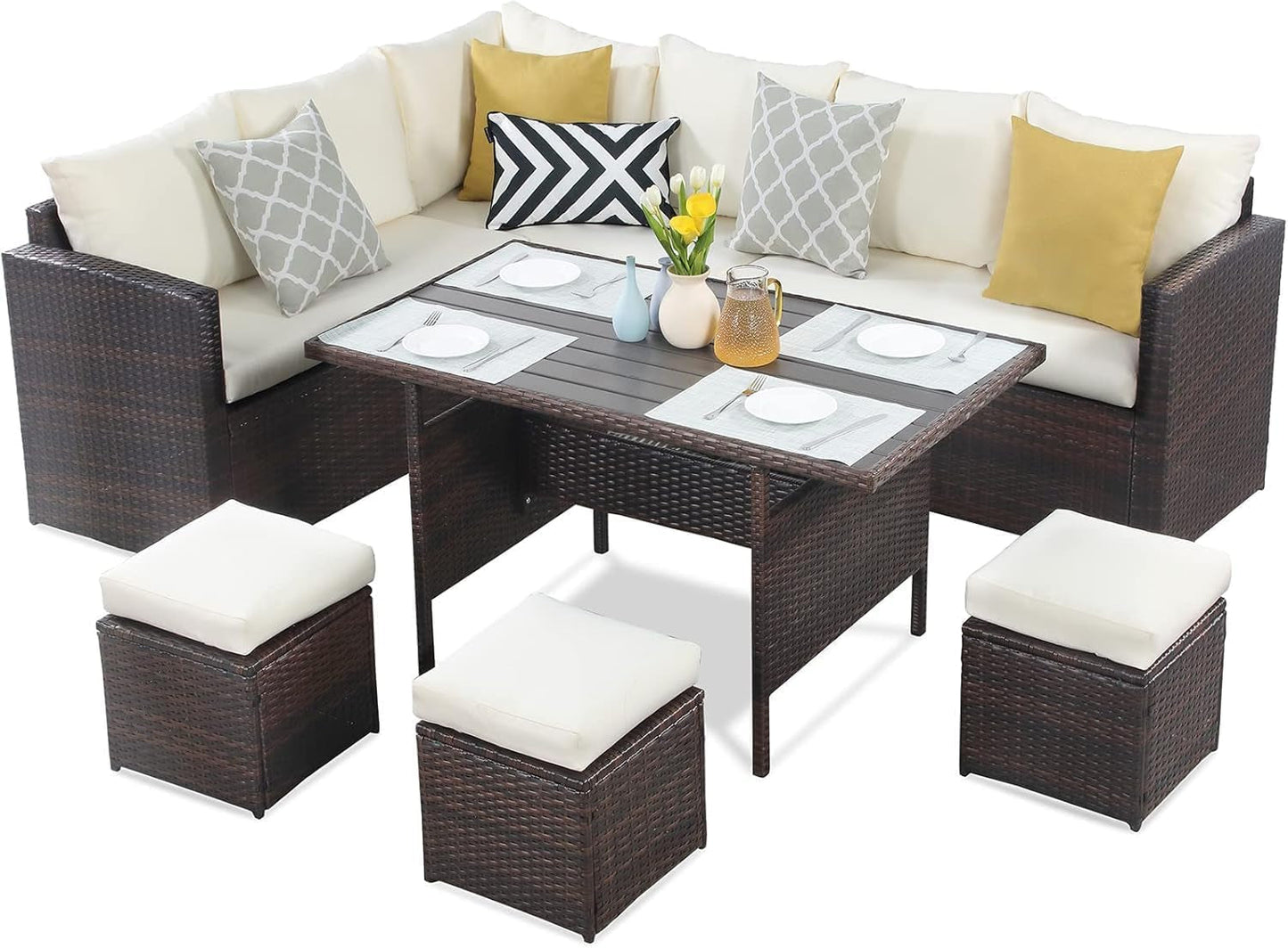 Patio Furniture Set, 7 Piece Outdoor Dining Sectional Sofa with Dining