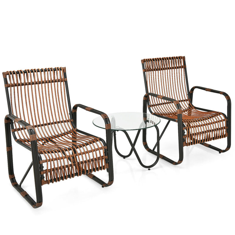 3 Pieces Patio Rattan Furniture Set with 2 Single Wicker Chairs and
