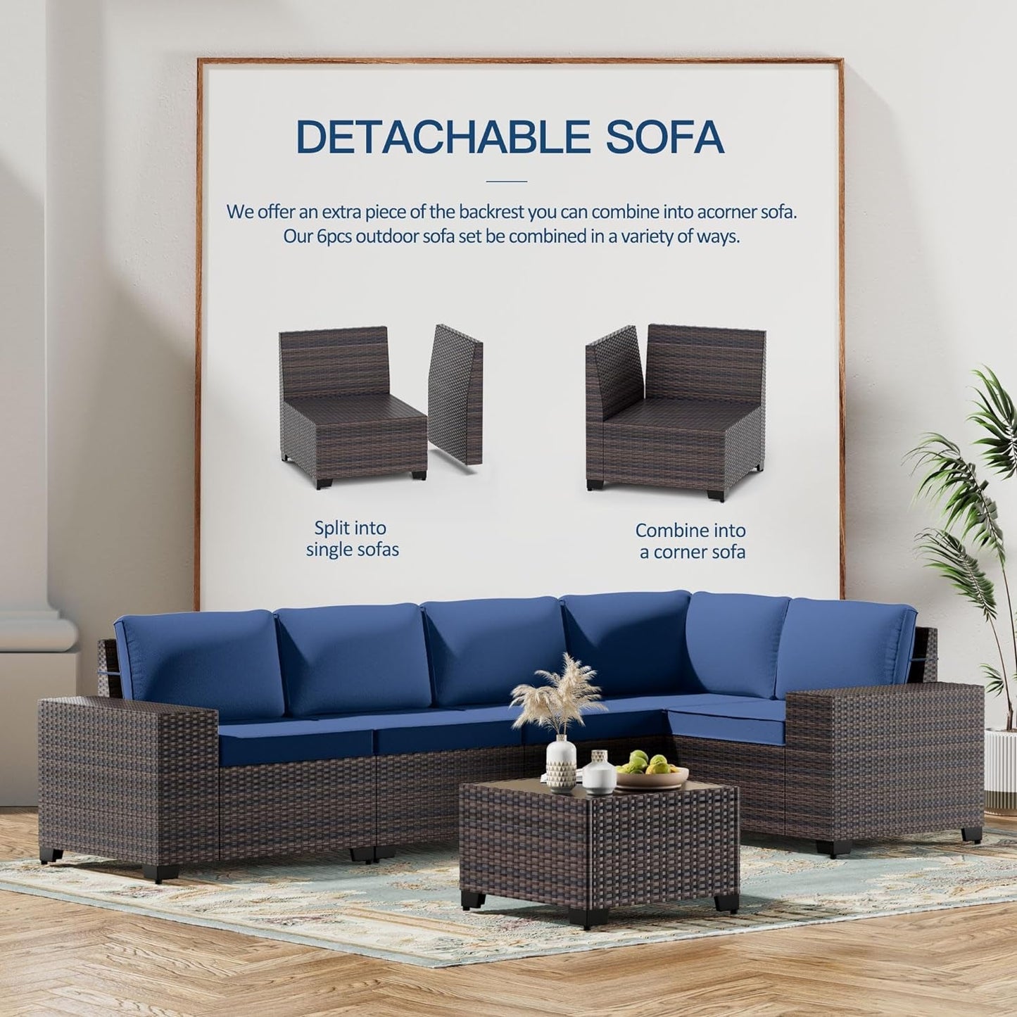 6PCS Outdoor Patio Furniture Set PE Wicker Rattan Sectional Sofa Patio