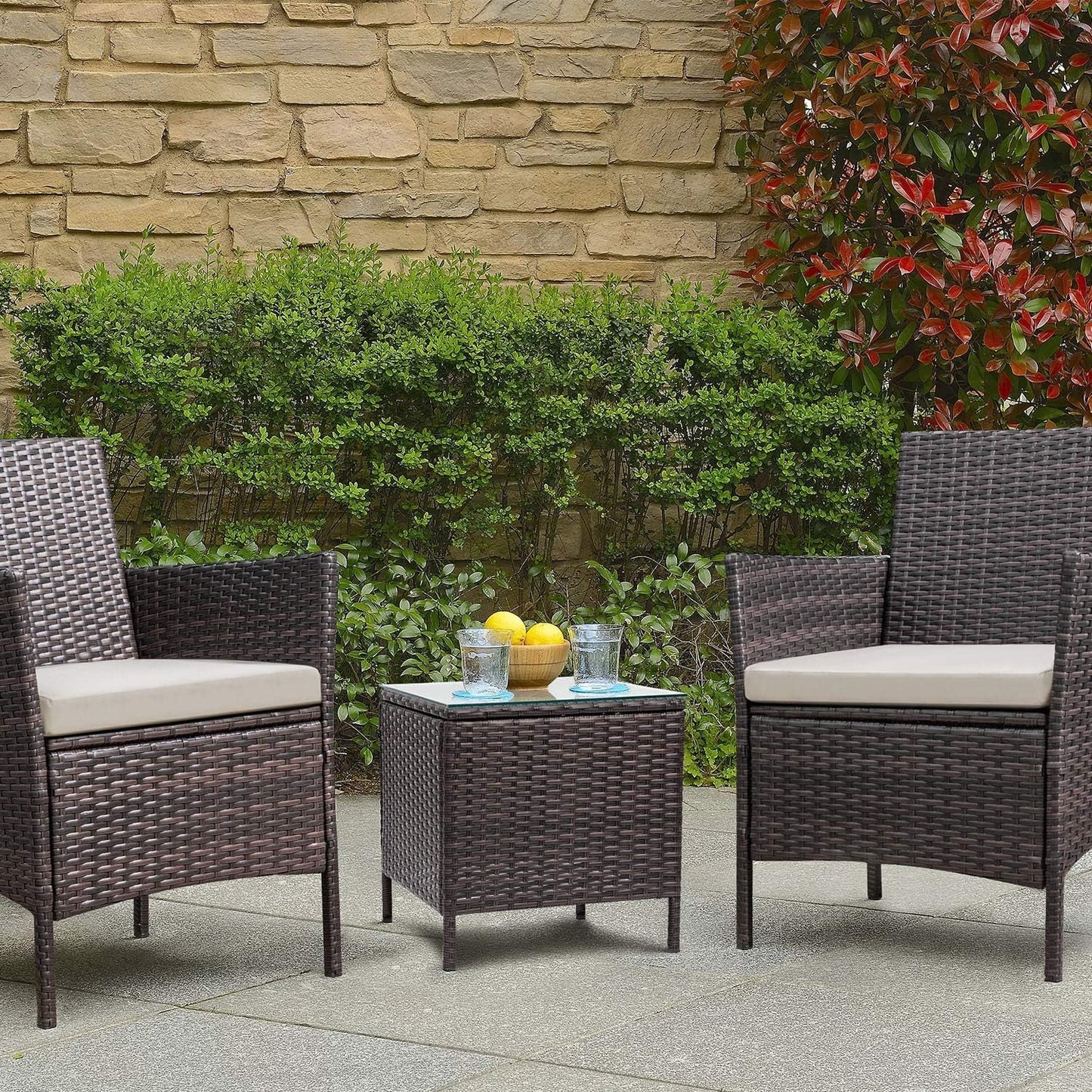 Patio Porch Furniture Sets 3 Pieces PE Rattan Wicker Chairs with Table