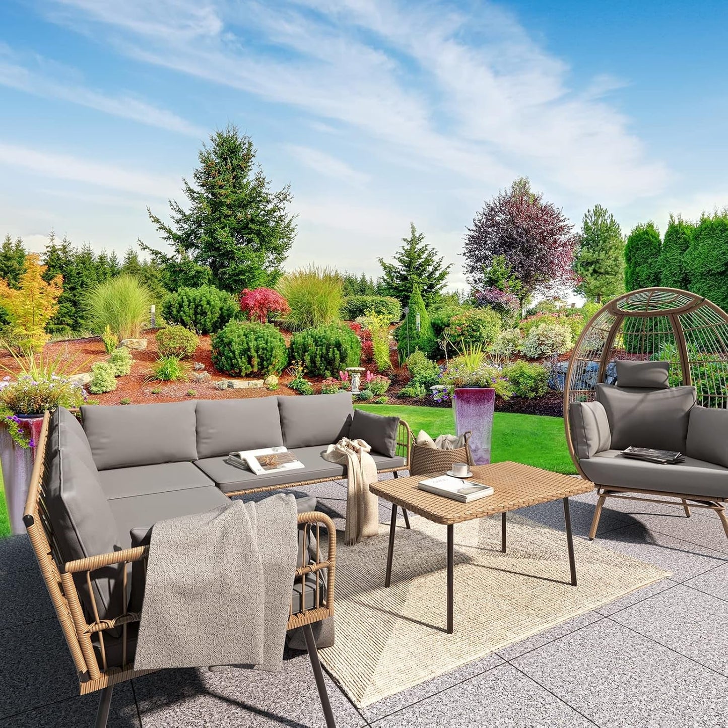4 Pieces Patio Furniture Set, Outdoor Wicker Conversation Sectional
