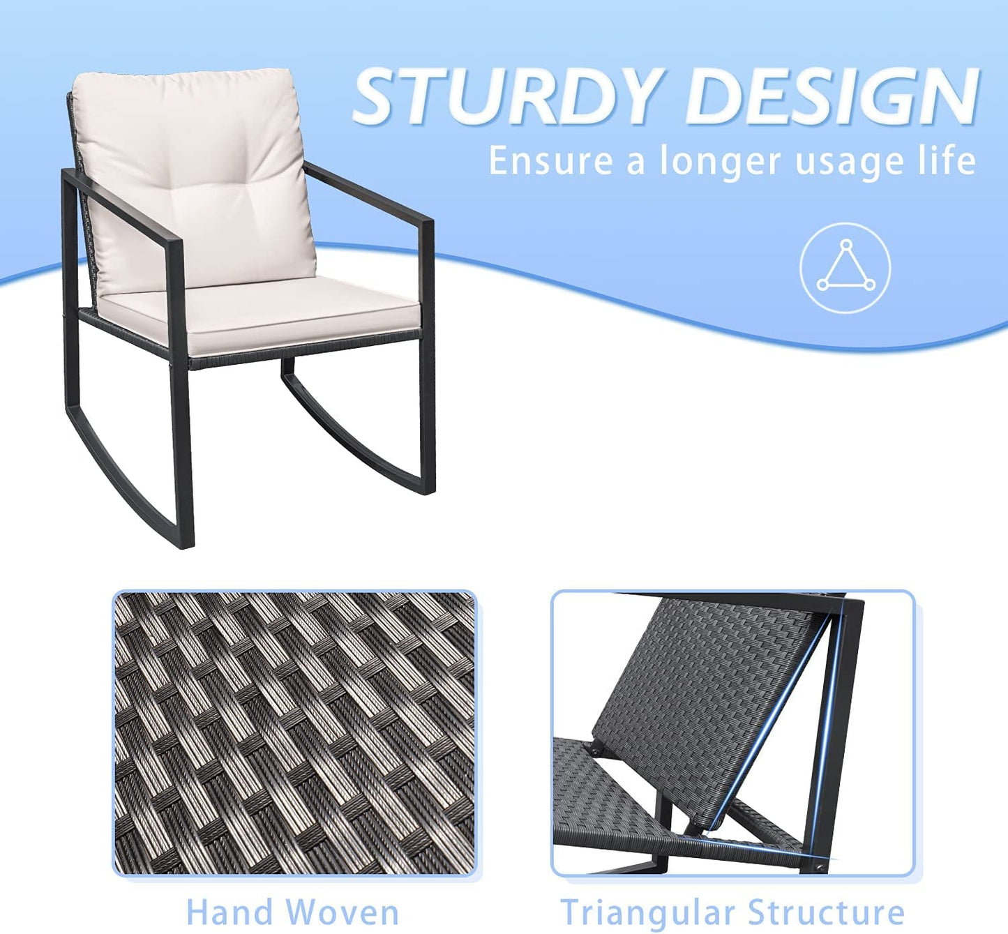 3 Pieces Rocking Wicker Bistro Set, Patio Outdoor Furniture