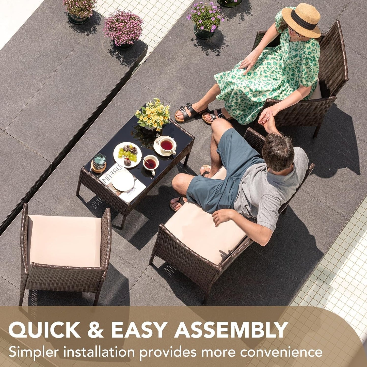 4 Pieces Outdoor Patio Furniture Set, PE Rattan Wicker Chairs Balcony