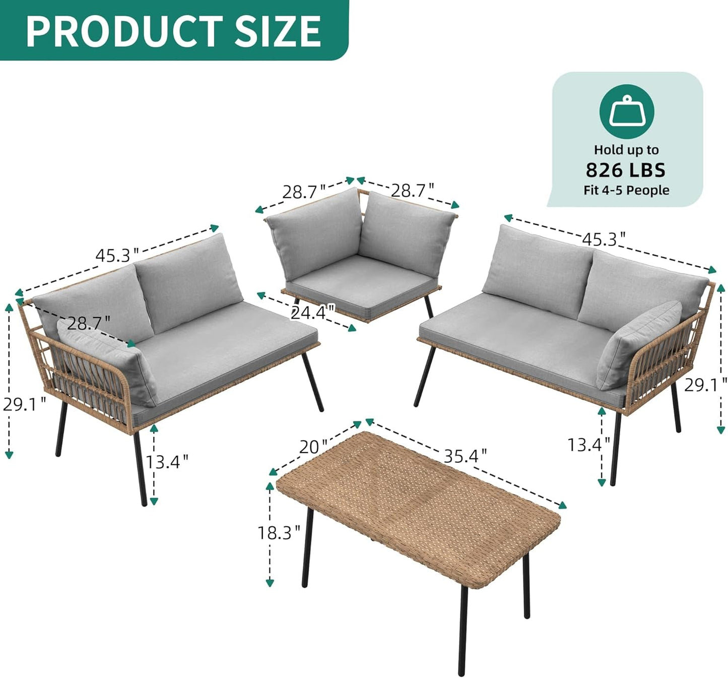 4 Pieces Patio Furniture Set, Outdoor Wicker Conversation Sectional