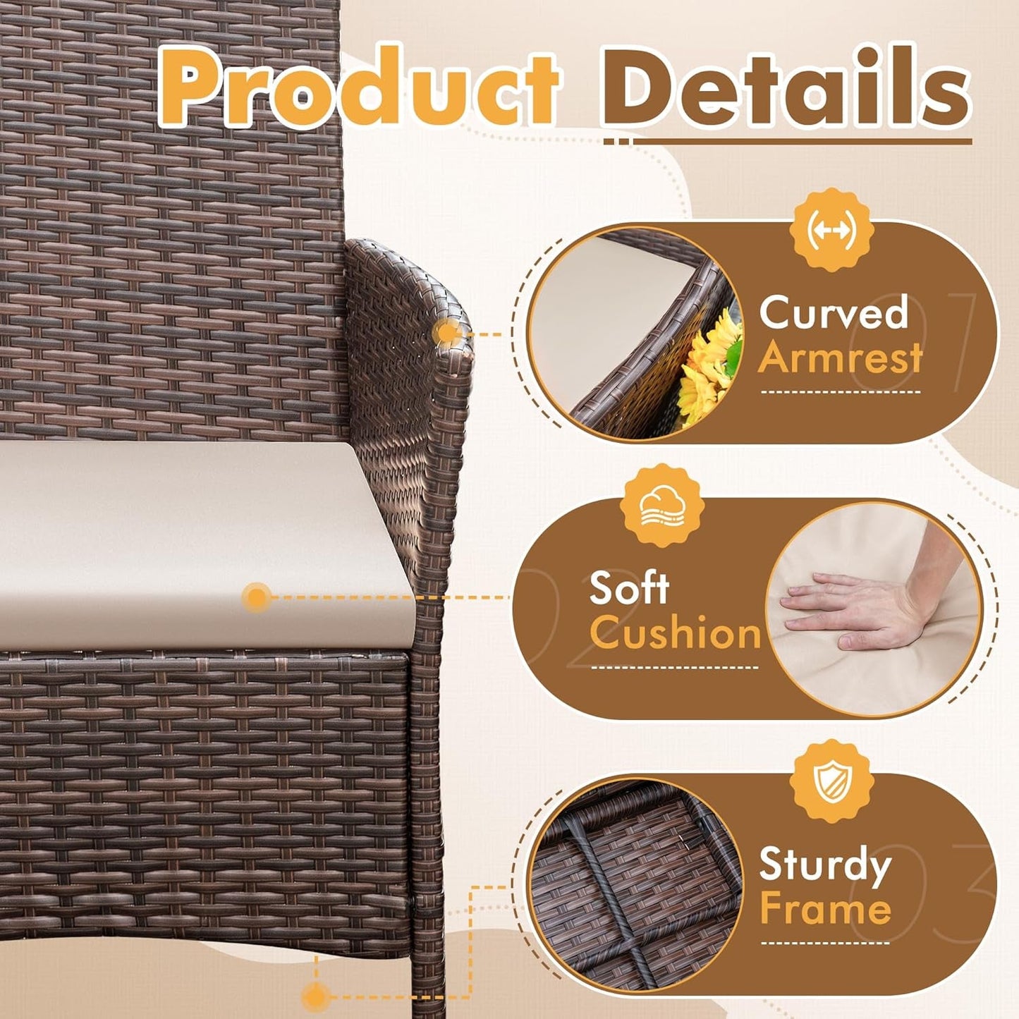 Patio Furniture Set 3 Pieces All-Weather Rattan Outdoor Furniture