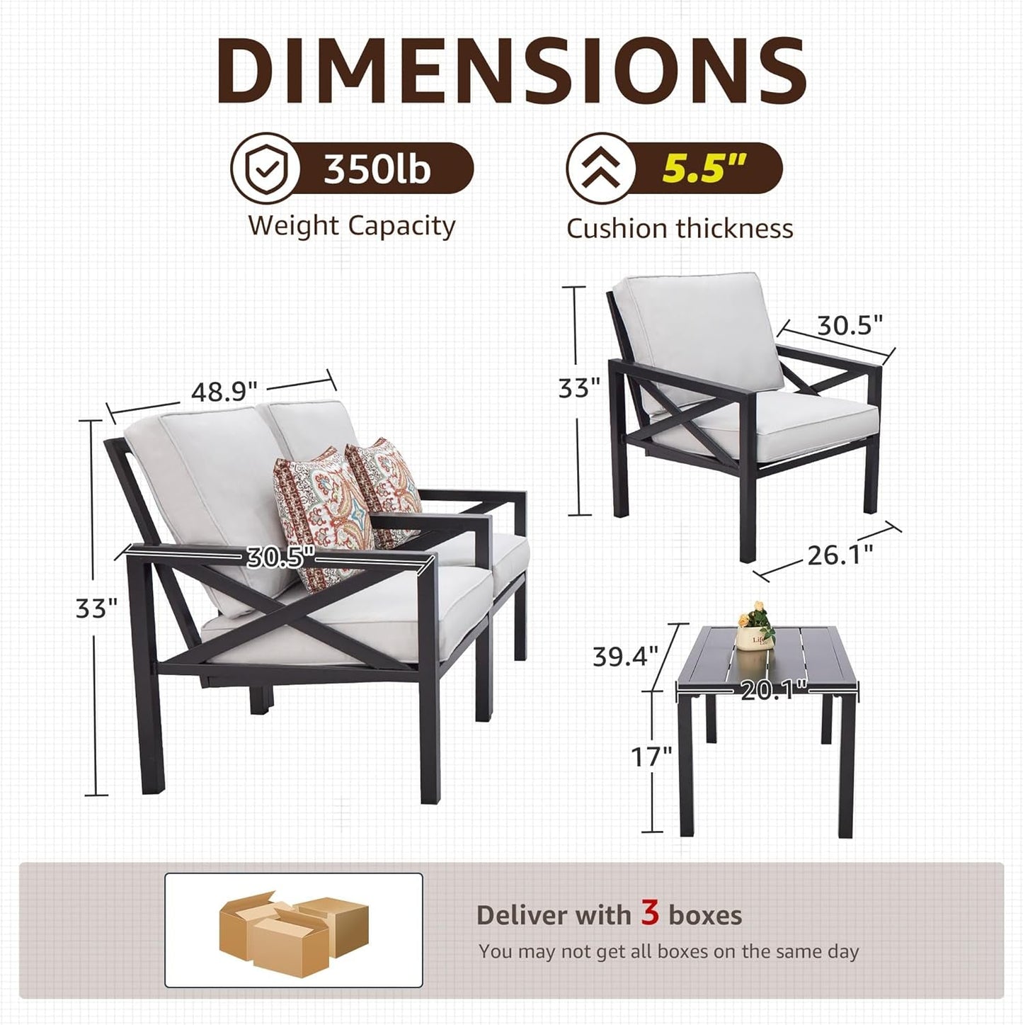 Outdoor Patio Furniture 4 Pieces Set, Modern Patio Conversation Sets,