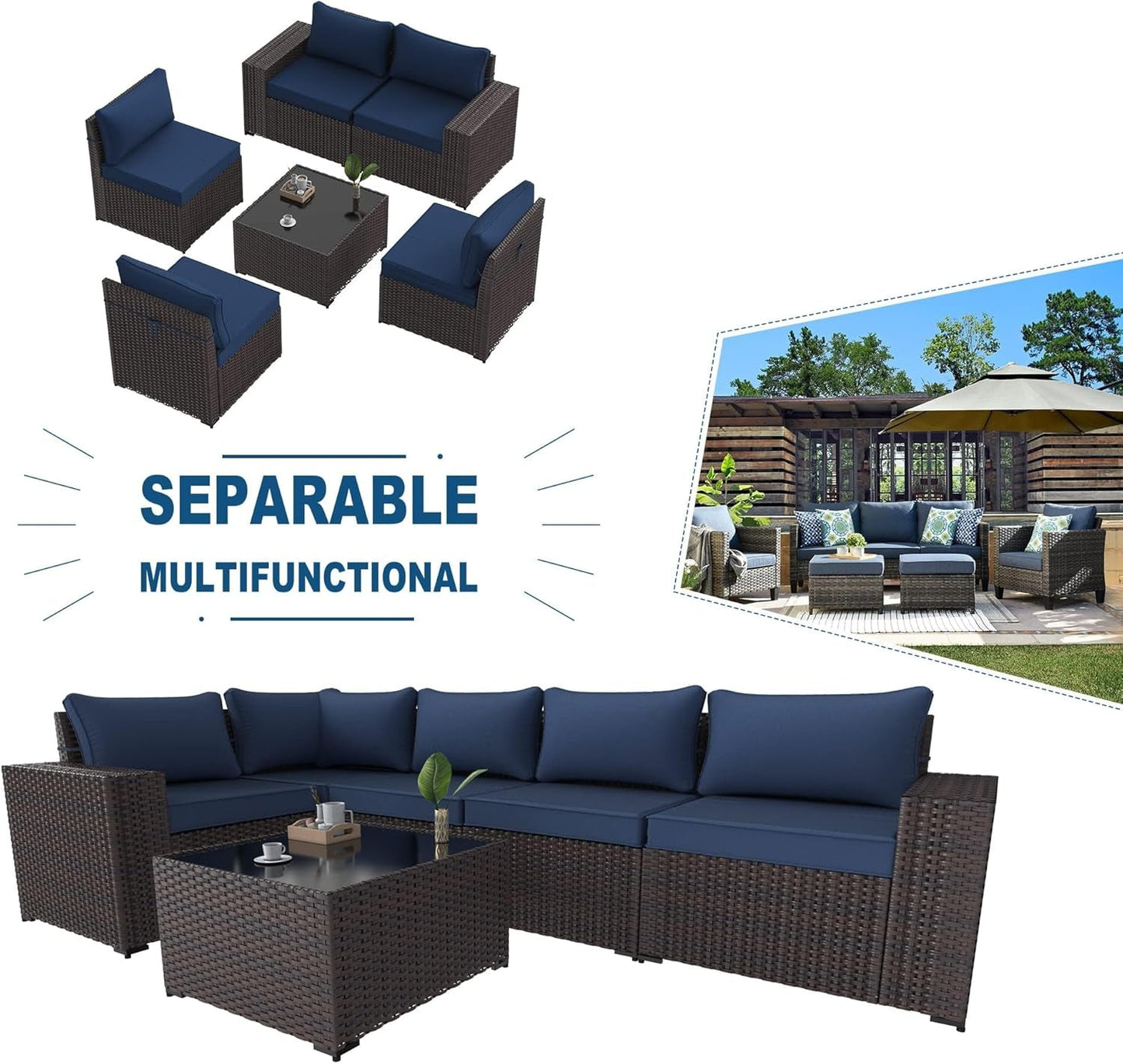 6PCS Outdoor Patio Furniture Set PE Wicker Rattan Sectional Sofa Patio