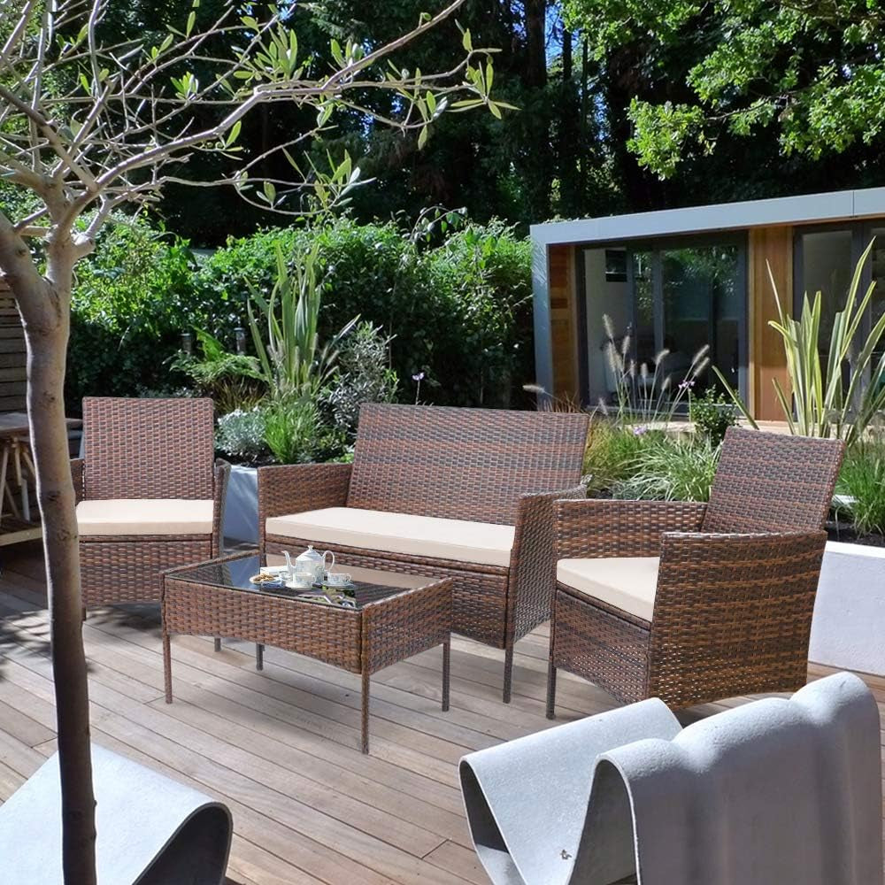 4 Pieces Outdoor Patio Furniture Sets Rattan Chair Wicker Set, Outdoor
