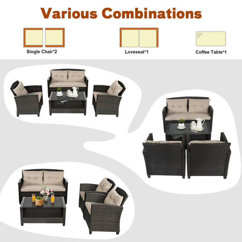 4 Pieces Outdoor Rattan Furniture Set with Glass Table