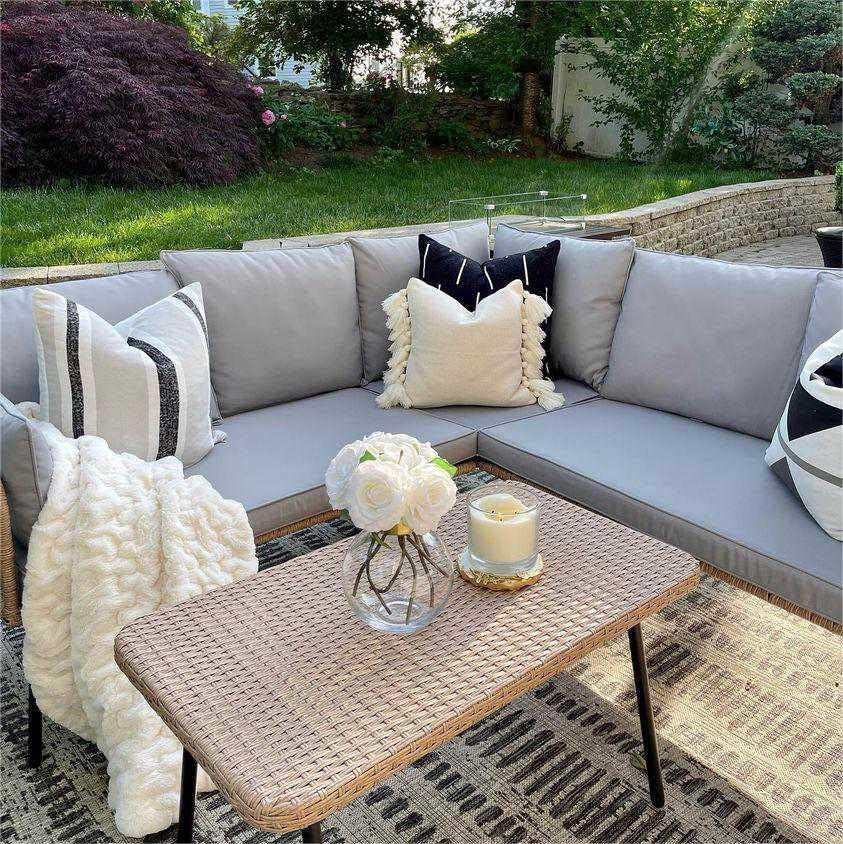 4 Pieces Patio Furniture Set, Outdoor Wicker Conversation Sectional