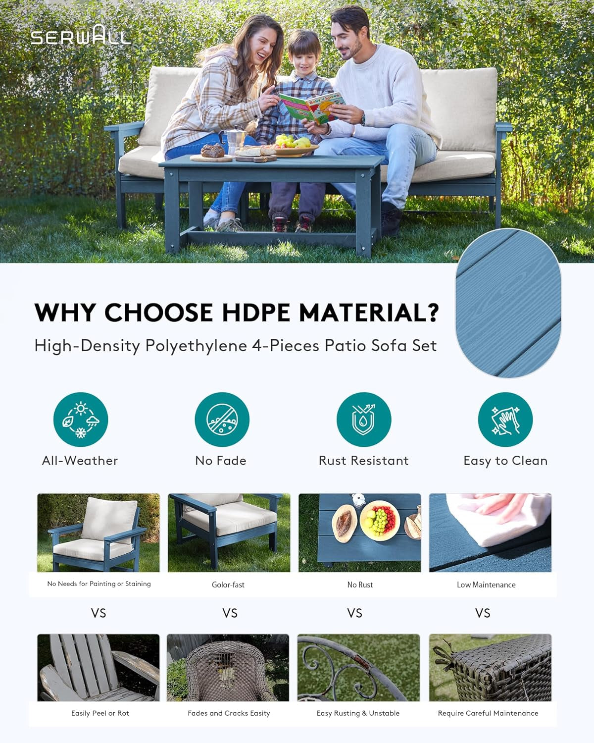 HDPE Patio Sofa Set, 4-Piece Sectional Outdoor Patio Furniture Set,
