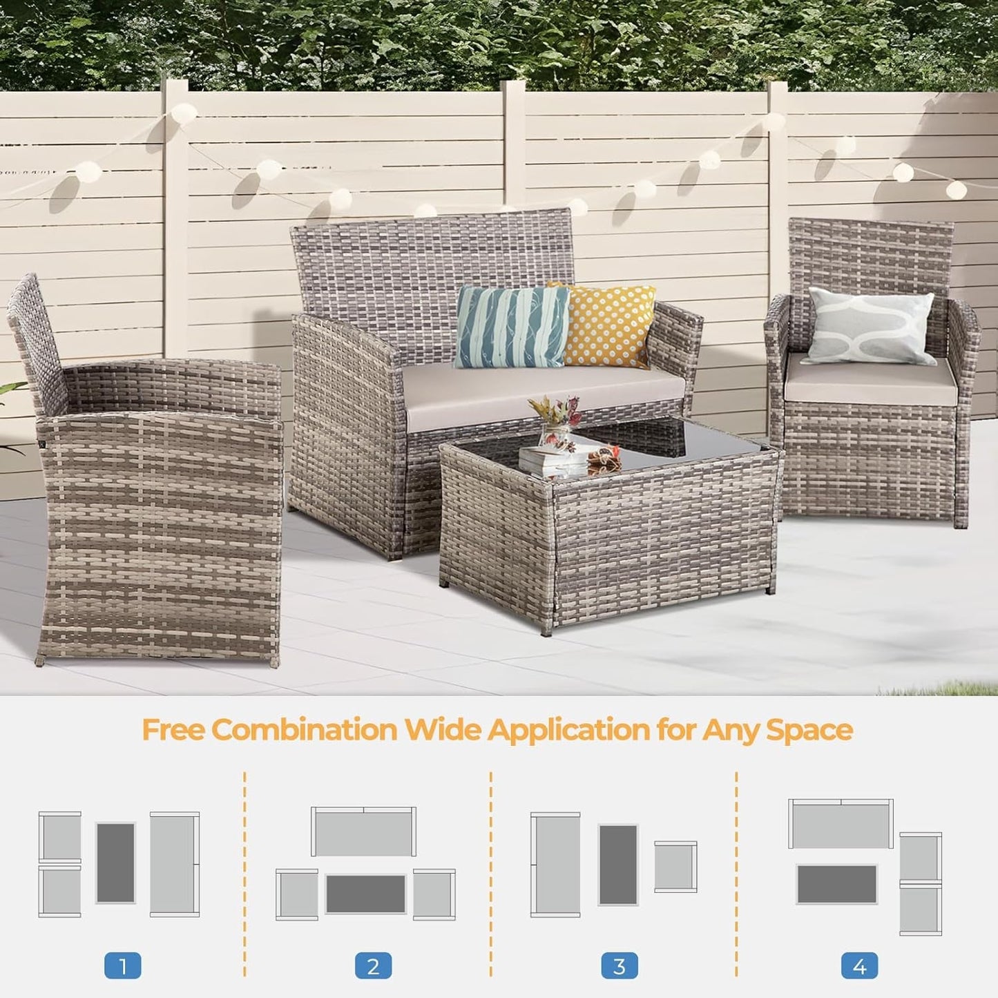 4 Piece Outdoor Patio Furniture Sets, Wicker Sectional Conversation