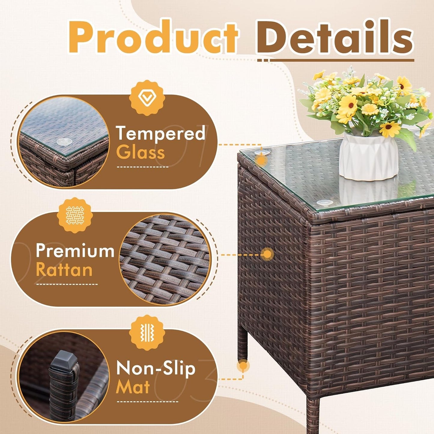 Patio Furniture Set 3 Pieces All-Weather Rattan Outdoor Furniture