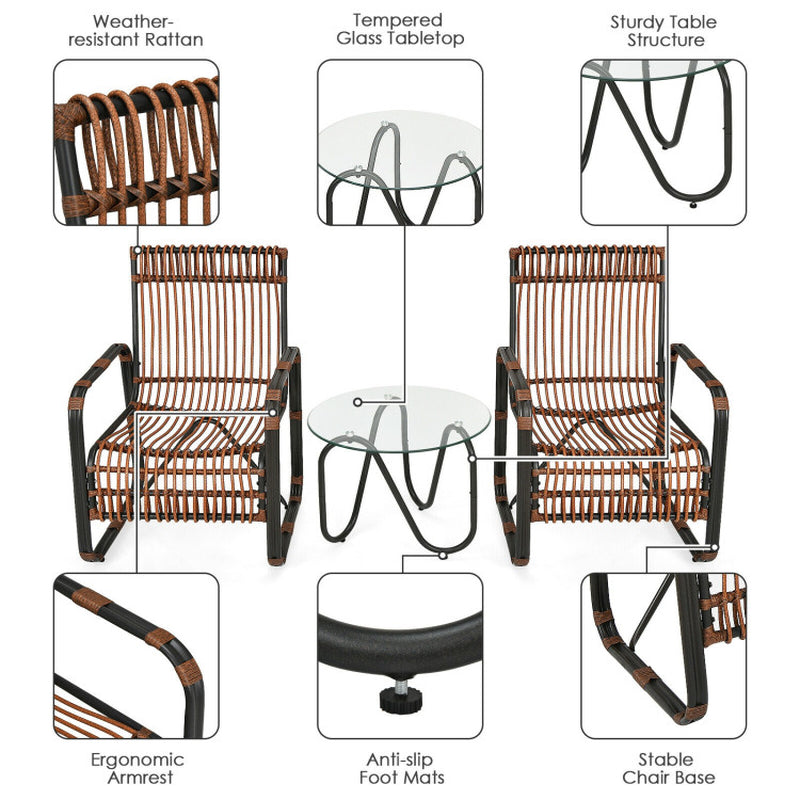 3 Pieces Patio Rattan Furniture Set with 2 Single Wicker Chairs and